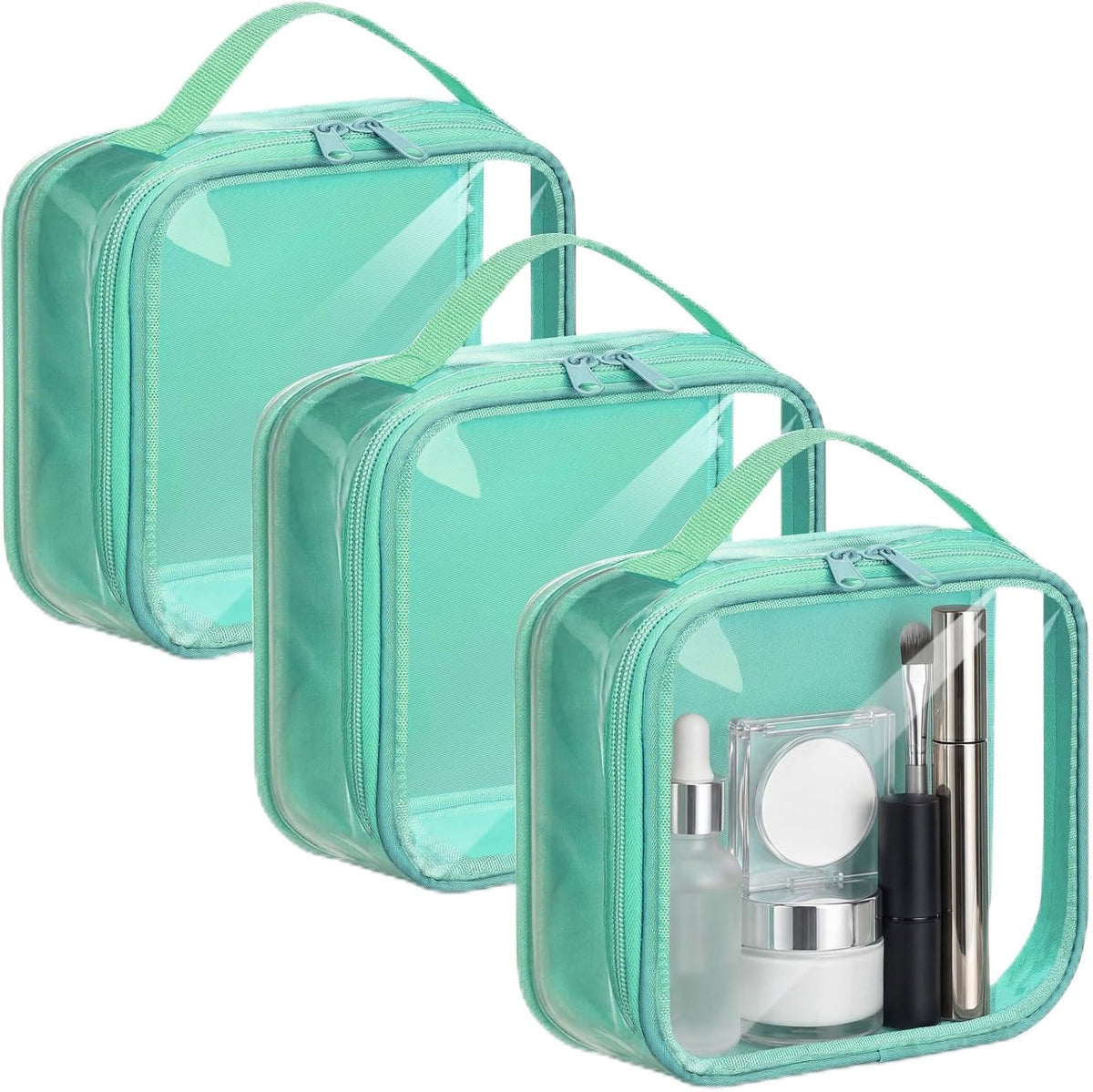Abbylike 3 Pcs Small Toiletry Bags Reusable Quart Size Travel Liquid Pouch Single-sided Clear PVC Carry-on Organizer with Handle Cosmetic Bags for Airport Security Women Men(Green)
