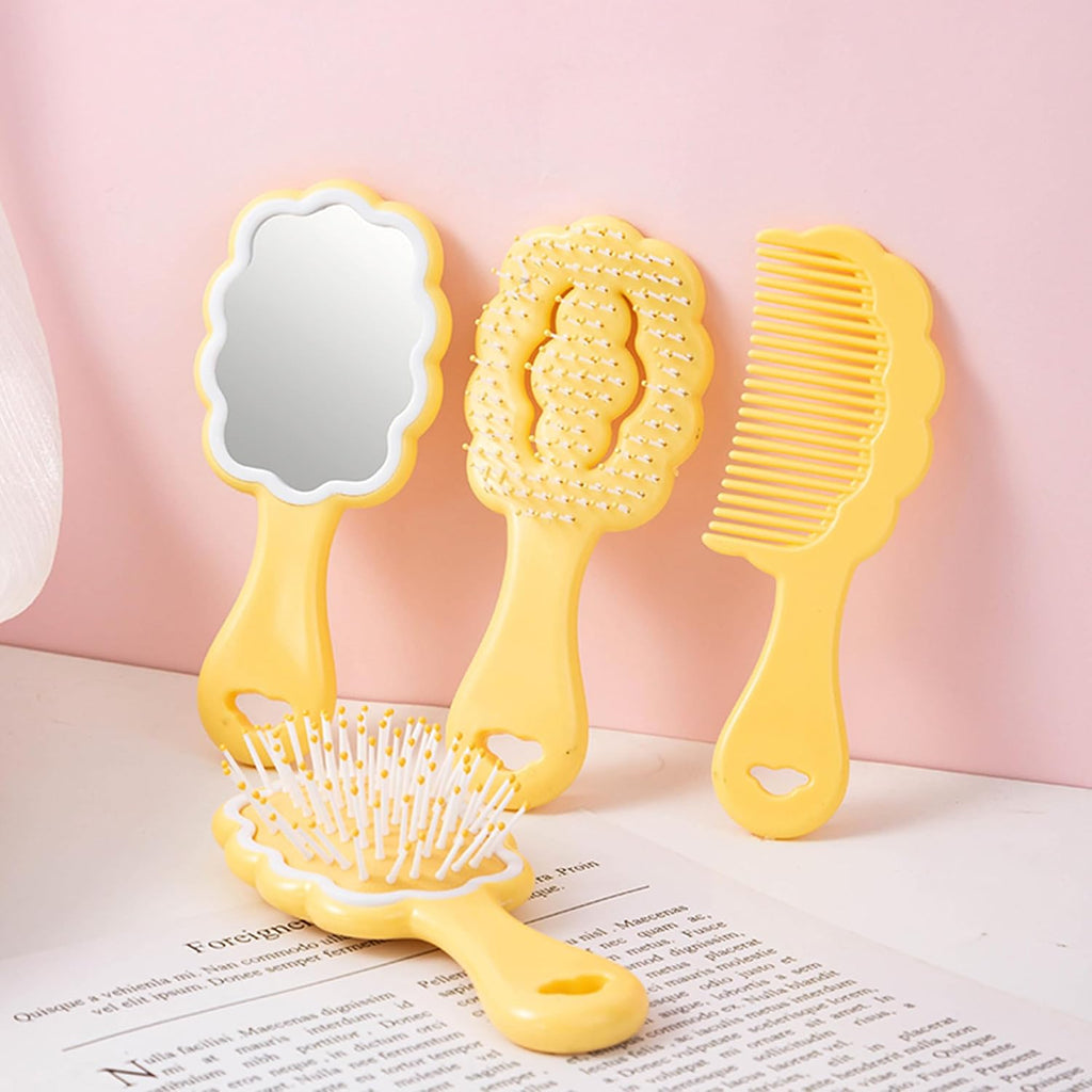 4 Pieces Mini Wet Hair Brush Hair Comb Set For Women Girls Kids Gift Small Cute Cloud shaped Hair Comb Hair Brush Handheld Mirror Set Travel Detangling Comb Massage HairBrush with Air Cushion (Yellow)