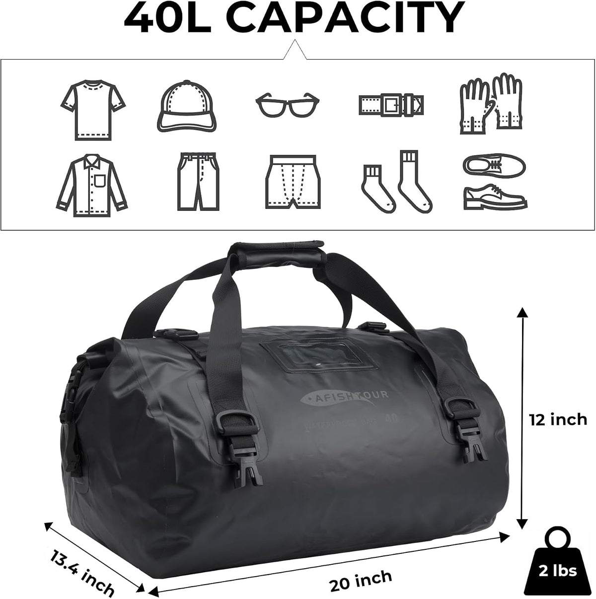 40L Waterproof Motorcycle Duffel Bag - Motorcycle Luggage Tail Bag with Straps for Back Seat - Roll Top Dry Bag for Kayaking, Rafting, Boating, Camping, Travel, Beach (Black)