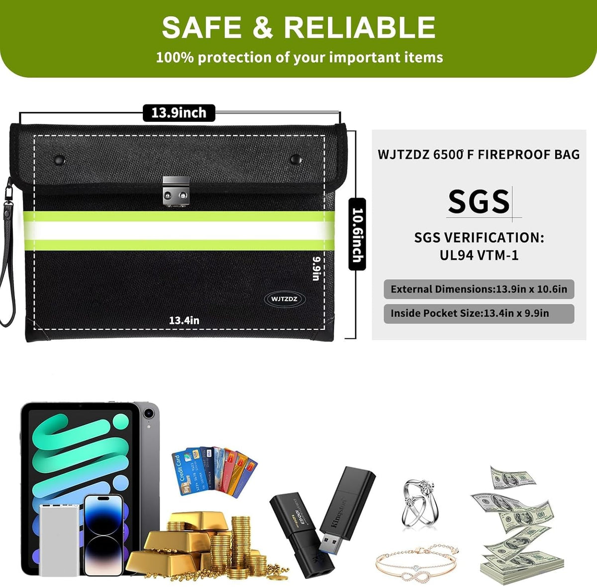 6500°F Fireproof Document Bag with Lock, Upgraded Fireproof/Waterproof Money Bag with Zipper/Reflective Strip,Storage Pouch for Cash,Cell Phone,Passport