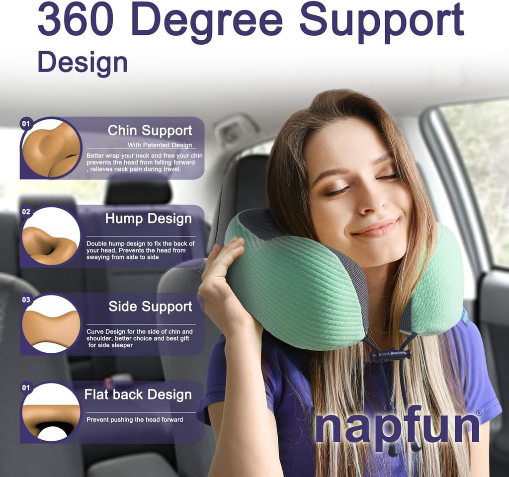 napfun Neck Pillow for Travel with Travel Pouch, Sleep Mask & Earplugs, Memory Foam Airplane Pillow for Headrest Sleep with Eyeshades, Plane Essentials with Eye Blindfold, Turquoise Striped Kit