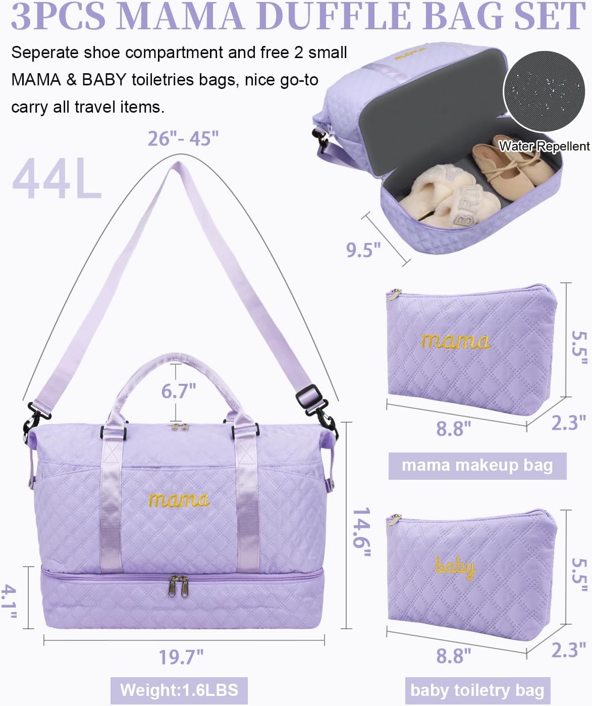 Mama Baby Pregnancy Hospital Bag Essentials for Women Labor Delivery Diaper Organizer with Shoe Compartment,2 Waterproof Toiletry Pouch Travel Duffle Bag for Mommy Weekender Overnight Gym Gifts,Purple