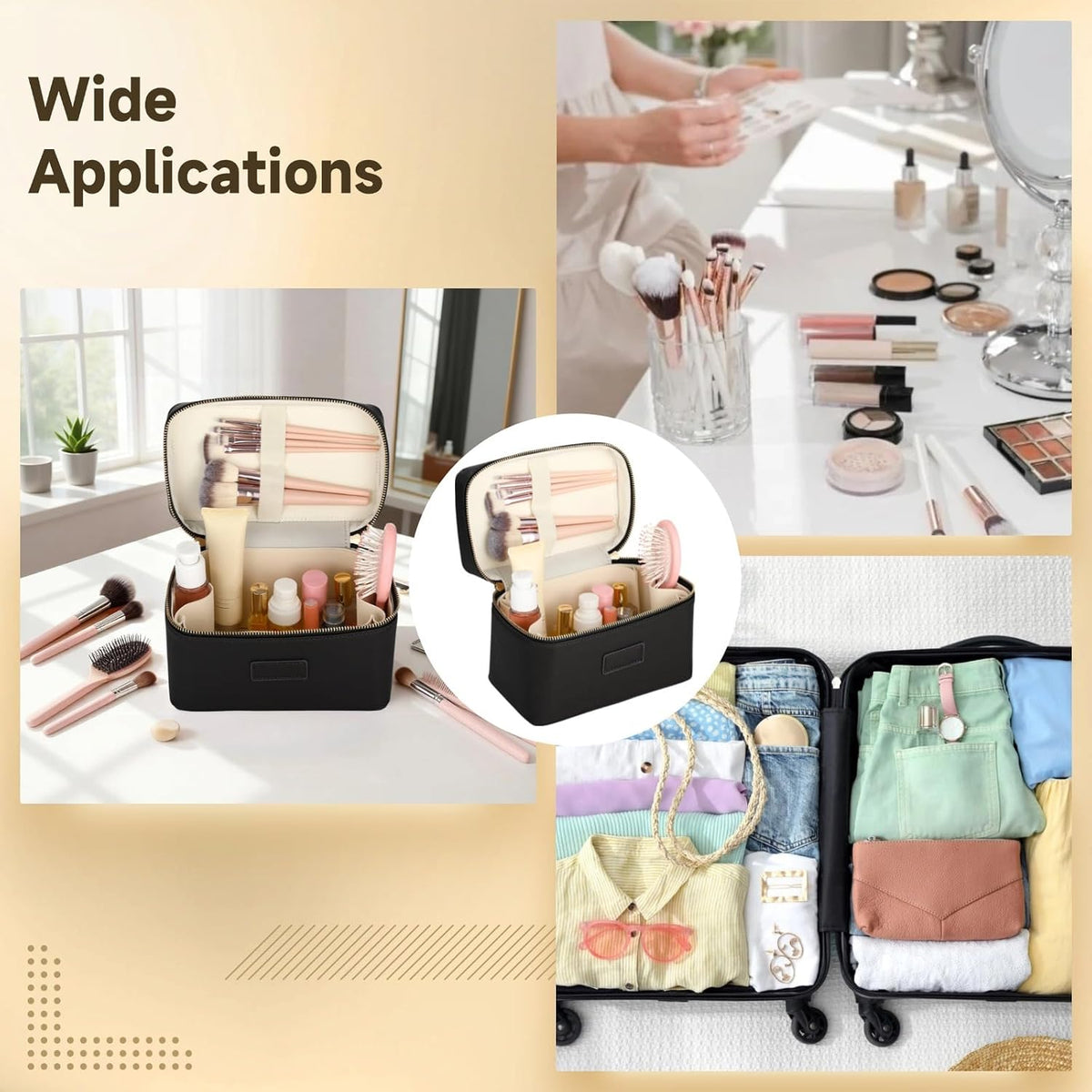 Makeup Vanity Bag for Women - Large Capacity Cosmetic Organizer with Removable Liner, Waterproof PU Leather Skincare Bag, Portable Chic Cosmetic Make Up Case for Skincare, Accessories,StyleB, Black