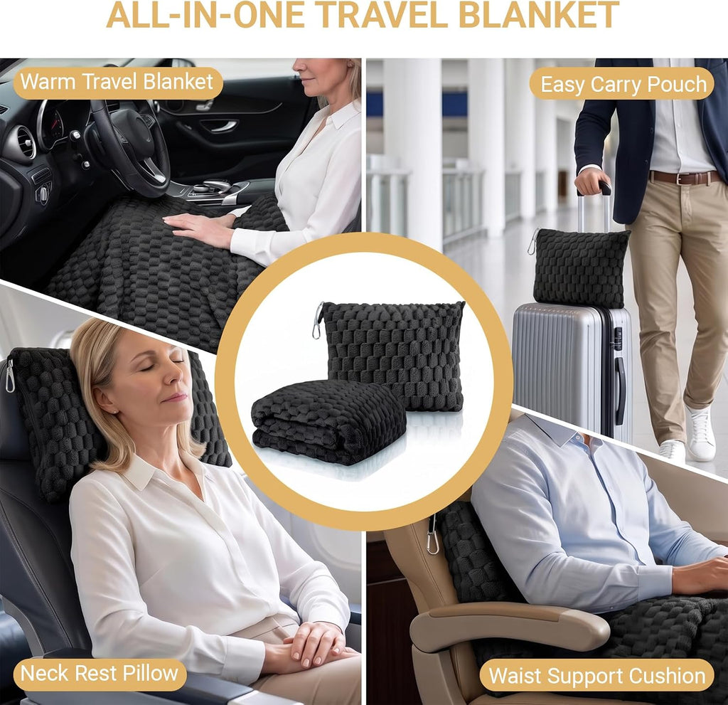Travel Blanket with Bag, Soft Fleece Portable Airplane Blanket, Black