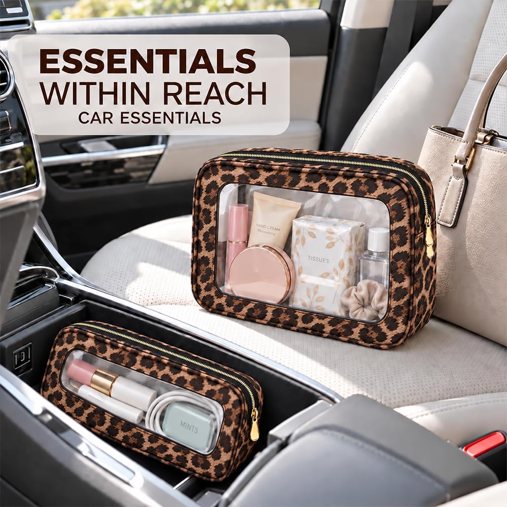 3 Piece Travel Clear Makeup Bag Set, Waterproof Cosemetic Bag with Makeup Brush Bag Make up Pouch Zipper TSA Approved Toiletry Bags for Traveling Car Accessory Bag