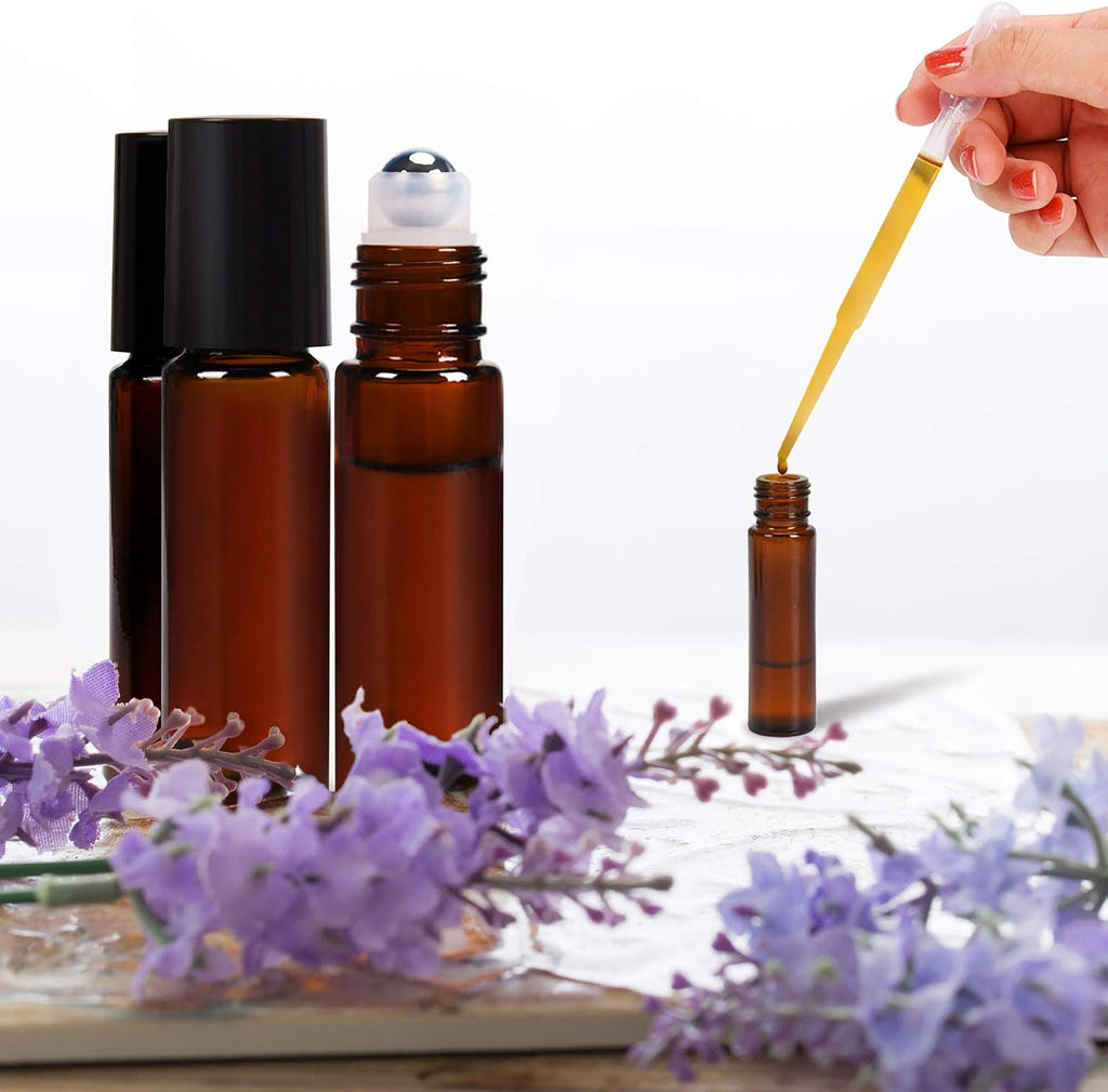 ULG Roll on Bottles 10ml Amber Glass Empty Bottles 8 Piece with Stainless Steel Roller Ball 2 Extra Balls 8 Piece Waterproof Labels 1 Opener and 3ml Dropper for Essential Oils