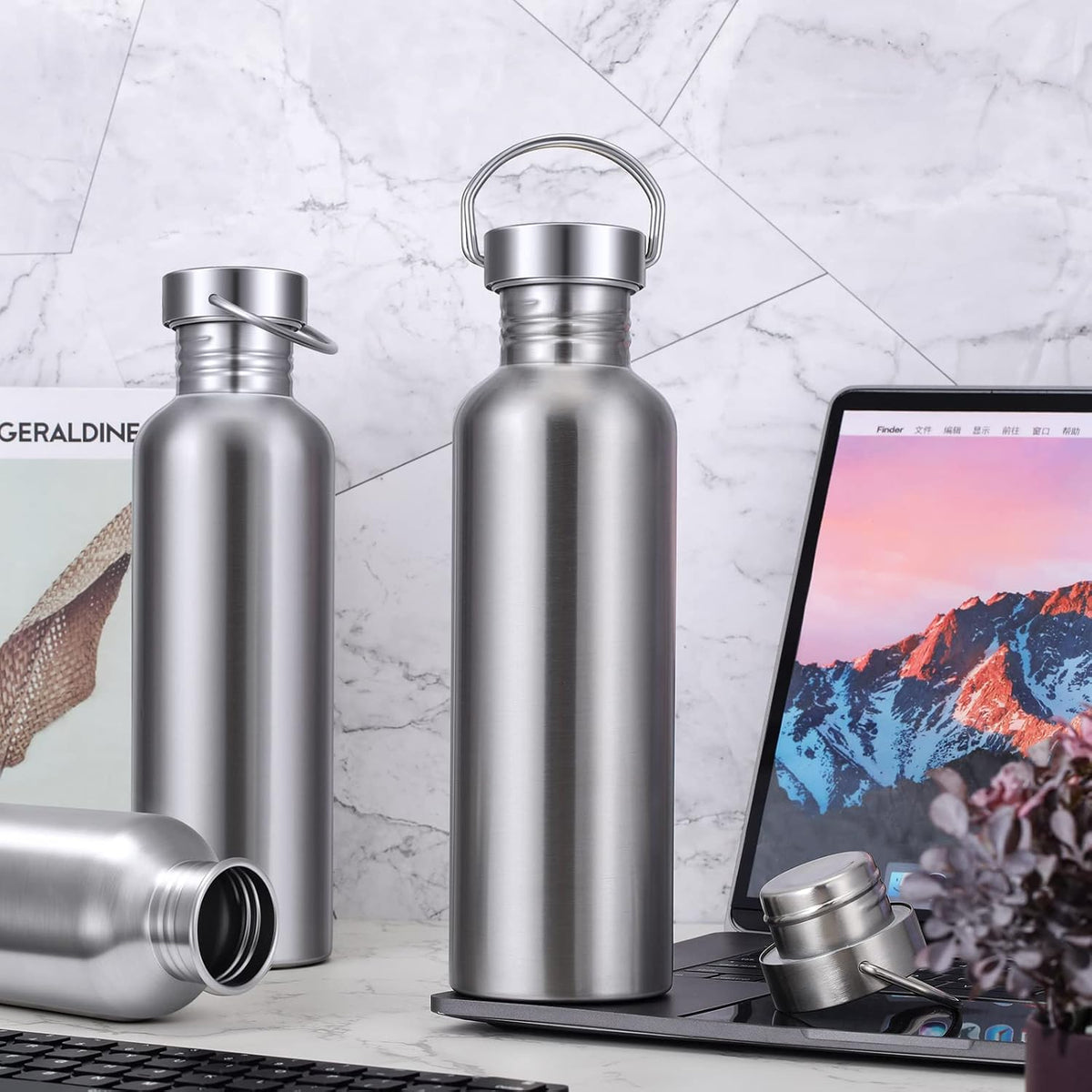 CHENGU 4 Pack Single Wall Stainless Steel Water Bottles 304 18/8 Metal Water Bottle Camping Bottles for Sports, Cyclists, Runners (Silver,26 oz)
