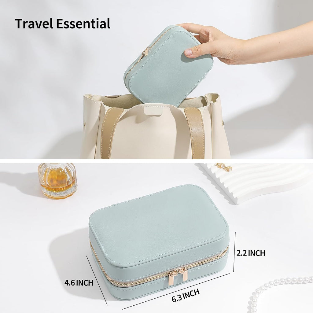 Genuine Leather Travel Jewelry Organizer Case with Mirror for Women, Small Mini Portable Jewelry Box for Ring Earrings Necklace Bracelet Luxury Gift for Women（Beige）