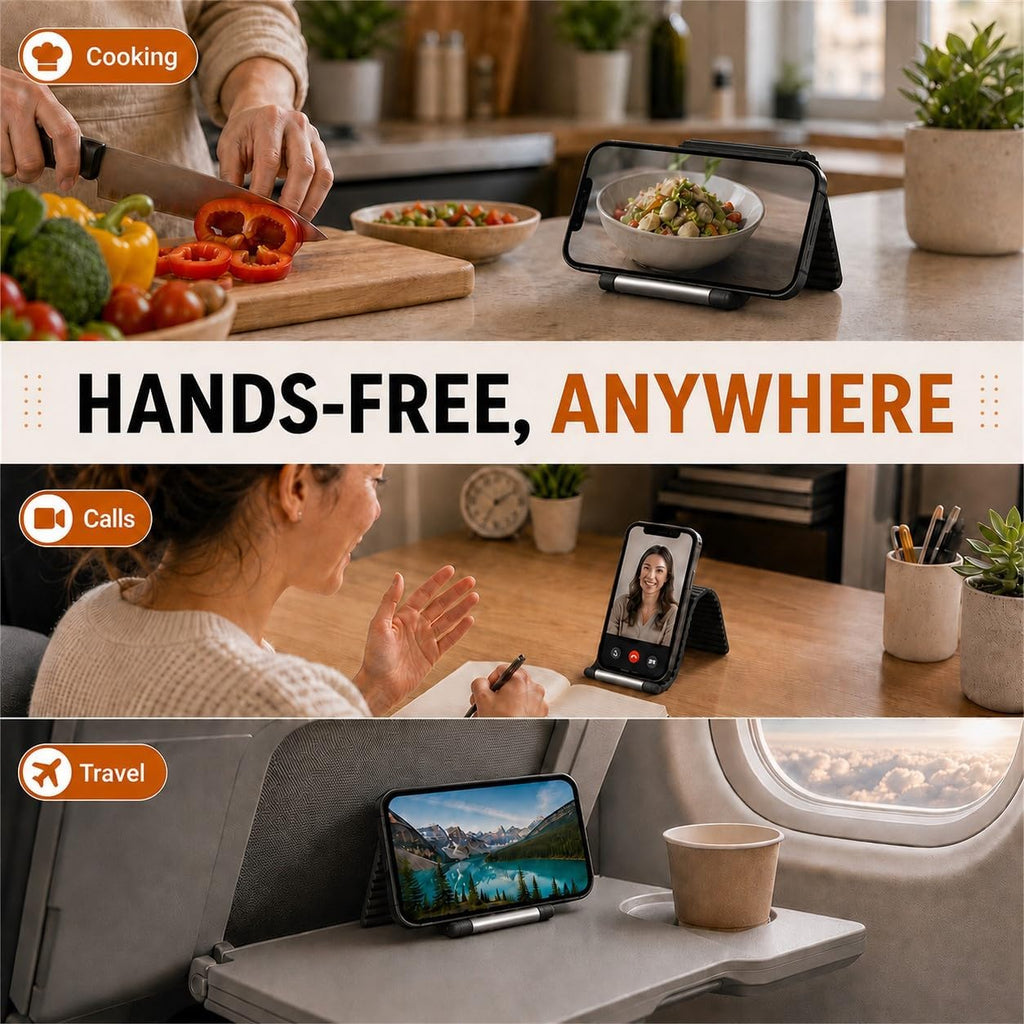 Flexible Silicone Phone Holder, Foldable Stand for Airplane Travel (Black)
