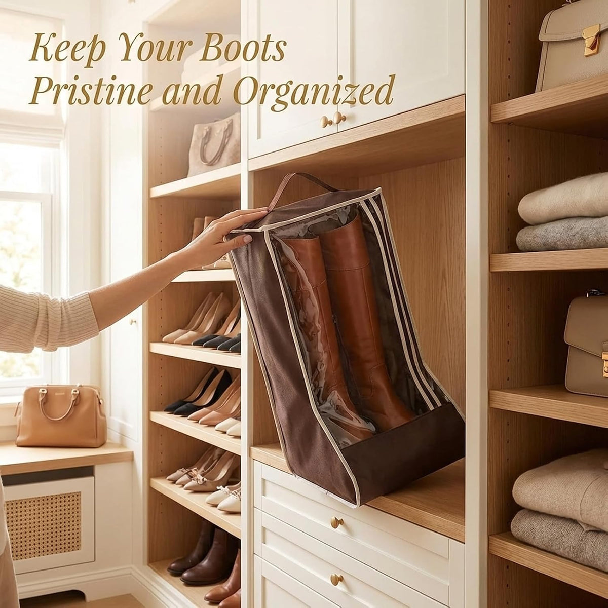 Tall Boot Storage Bag Organizer for Closet and Travel, Portable Dustproof Bags for Cowboy (2 Pcs Dark Brown Long Boot)