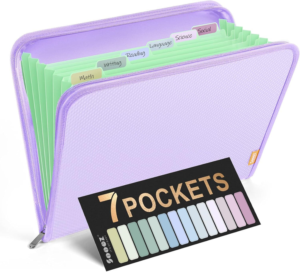 Sooez 7 Pockets Accordion File Organizer, Zipper Expanding File Folder A4