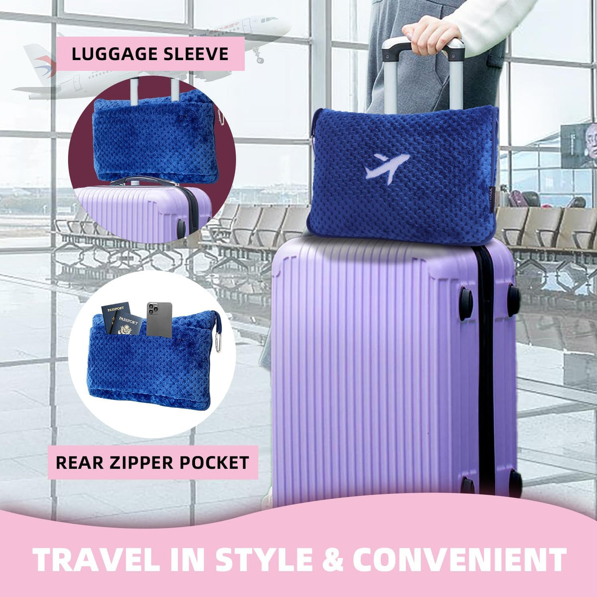 3 in 1 Travel Blanket Pillow Set - 350 GSM Thick Travel Blanket Airplane Compact with Bag, Soft Bag with a Pocket, Inflatable Travel Pillow for Camping & Car Trip (Royal Blue)
