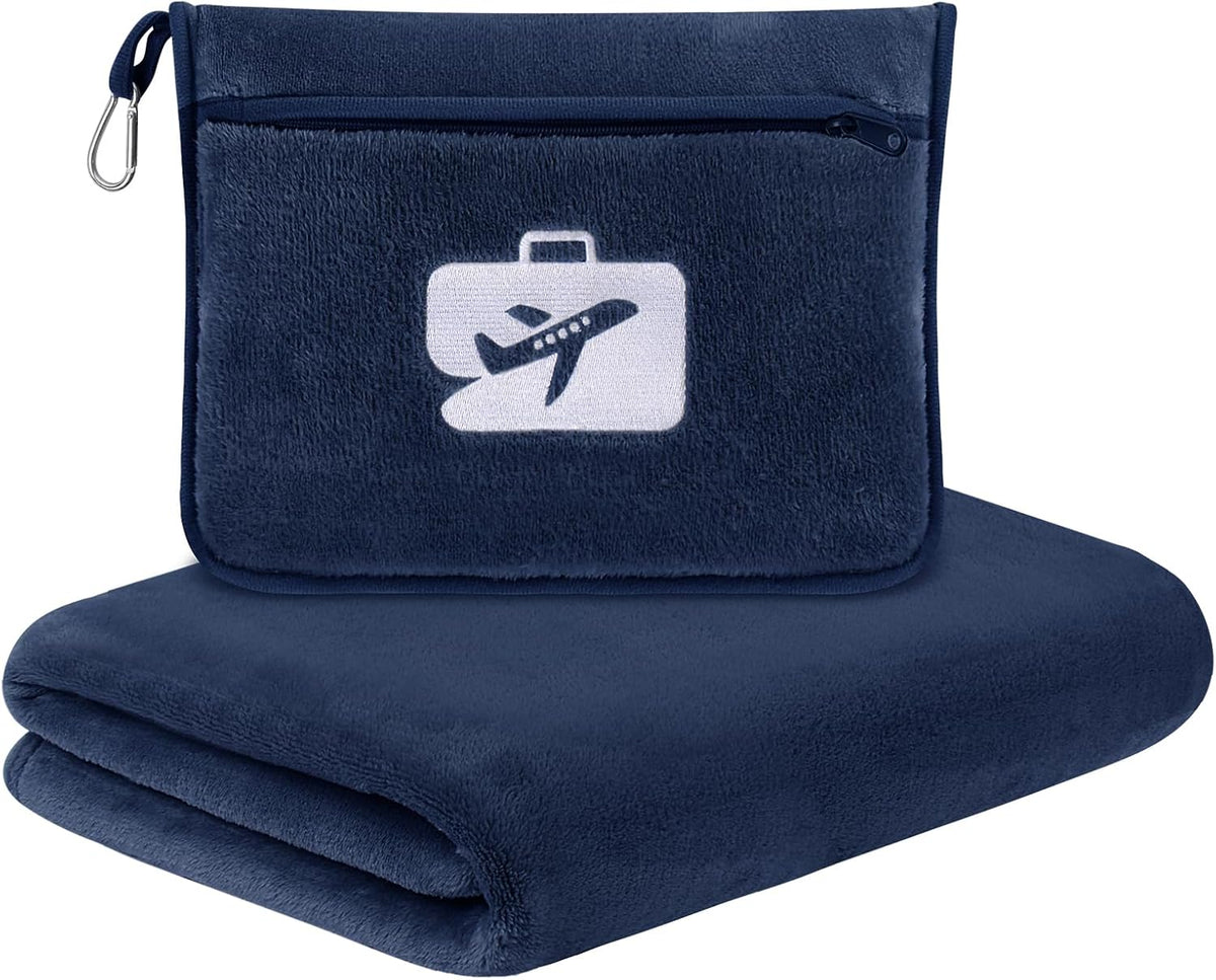 SINLAND Travel Pillow and Blanket 2-in-1 Set, Navy Blue, 60x50 Inch