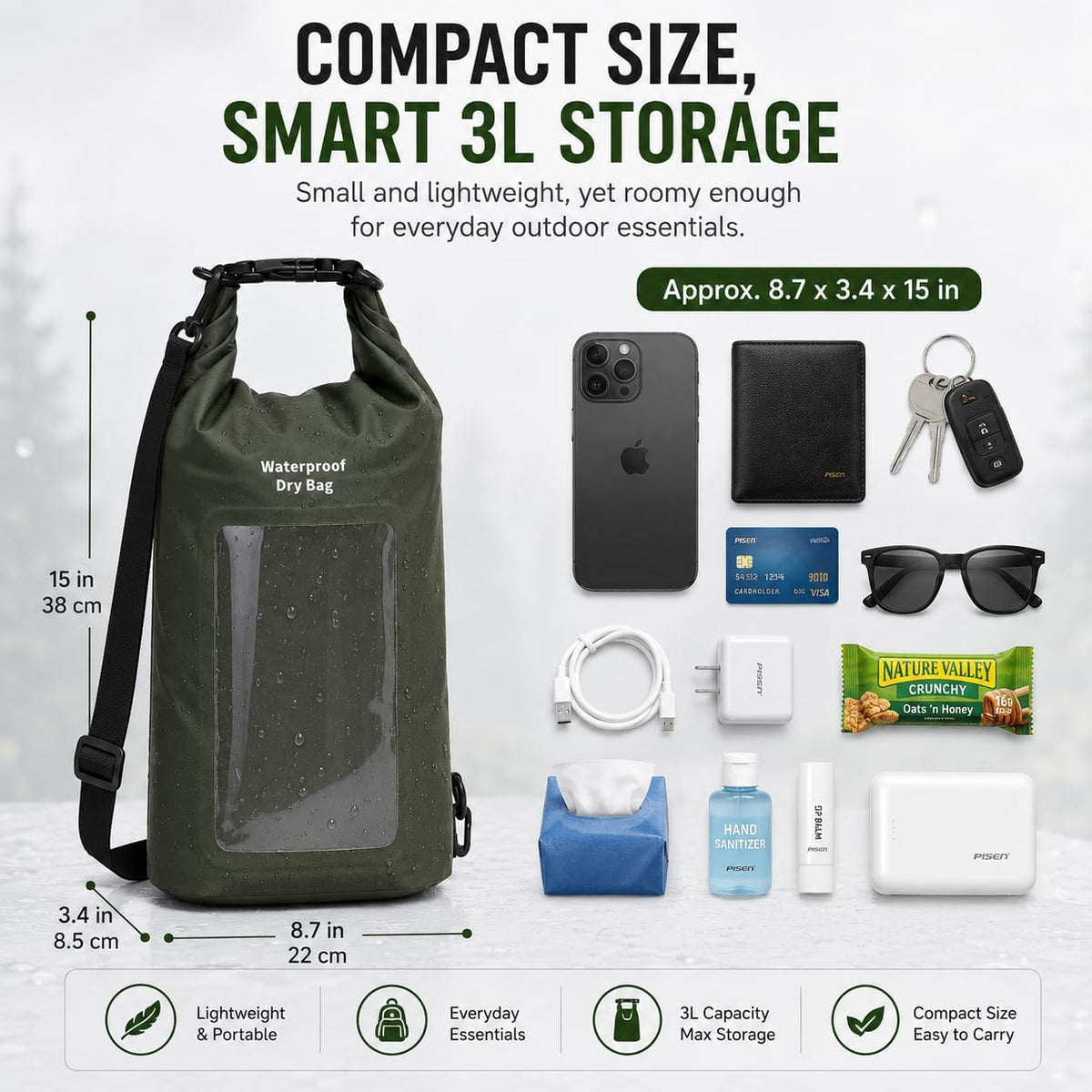 3L IPX8 Waterproof Dry Bag Backpack with Touchscreen Phone Pouch,Green