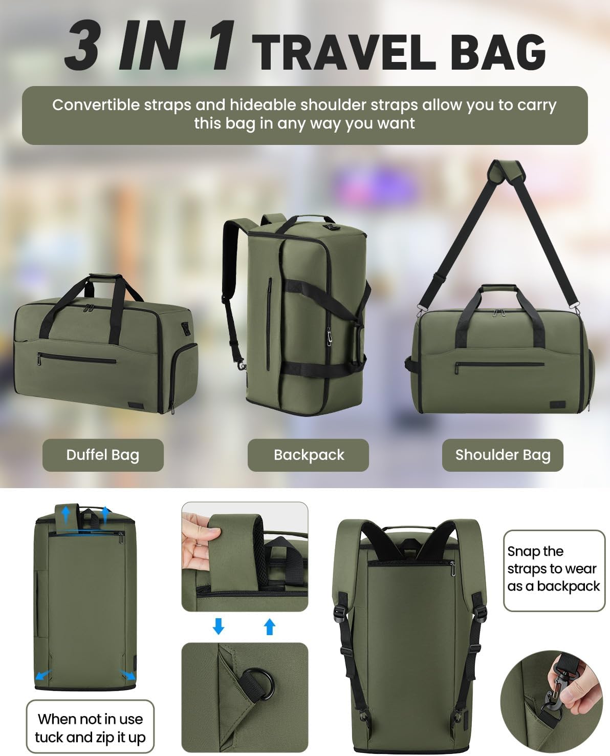 Convertible Garment Bags for Travel, 47L Garment Duffle bag for Hanging Clothes, 3 in 1 Suit Travel Bag for Business Trips with Shoulder Strap, Carry On Suit Luggage for Men,Green