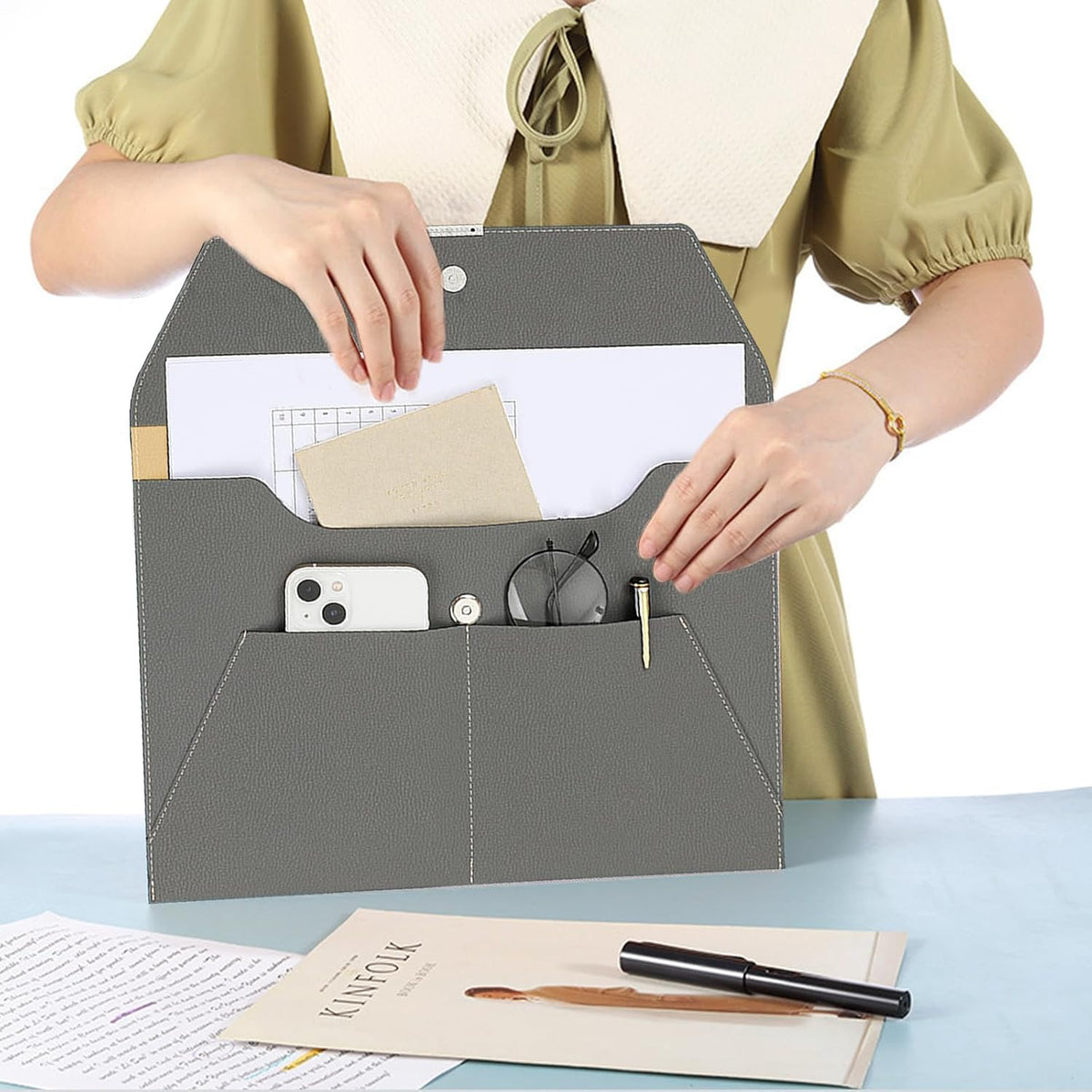 VANRA File Folder Document Holder Organizer Waterproof Portfolio Leather Folder Case with 3 Pockets, Filing Envelopes for A4 Letter Size Paper with Snap Magnetic Button Closure (Gray)