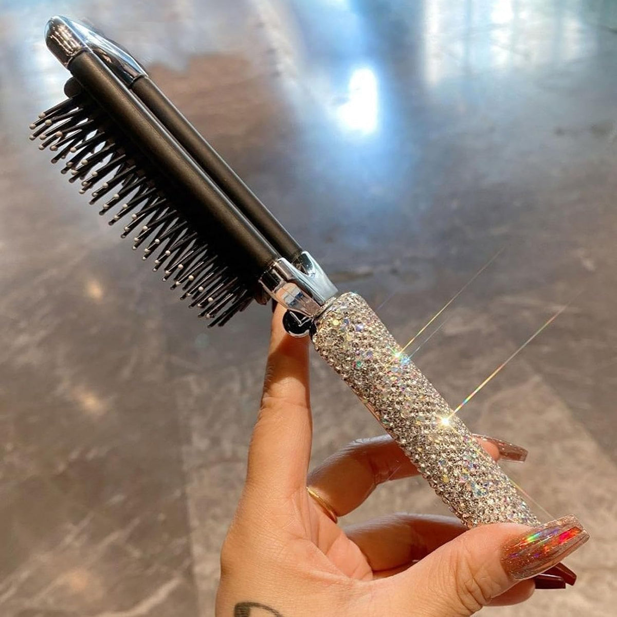1 Pack Rhinestone Pocket Hair Brush with Mirror Bling Travel Folding Combs Sparkle Portable Collapsible Compact Comb for Women Wedding Party Silver White (No Chain-White)