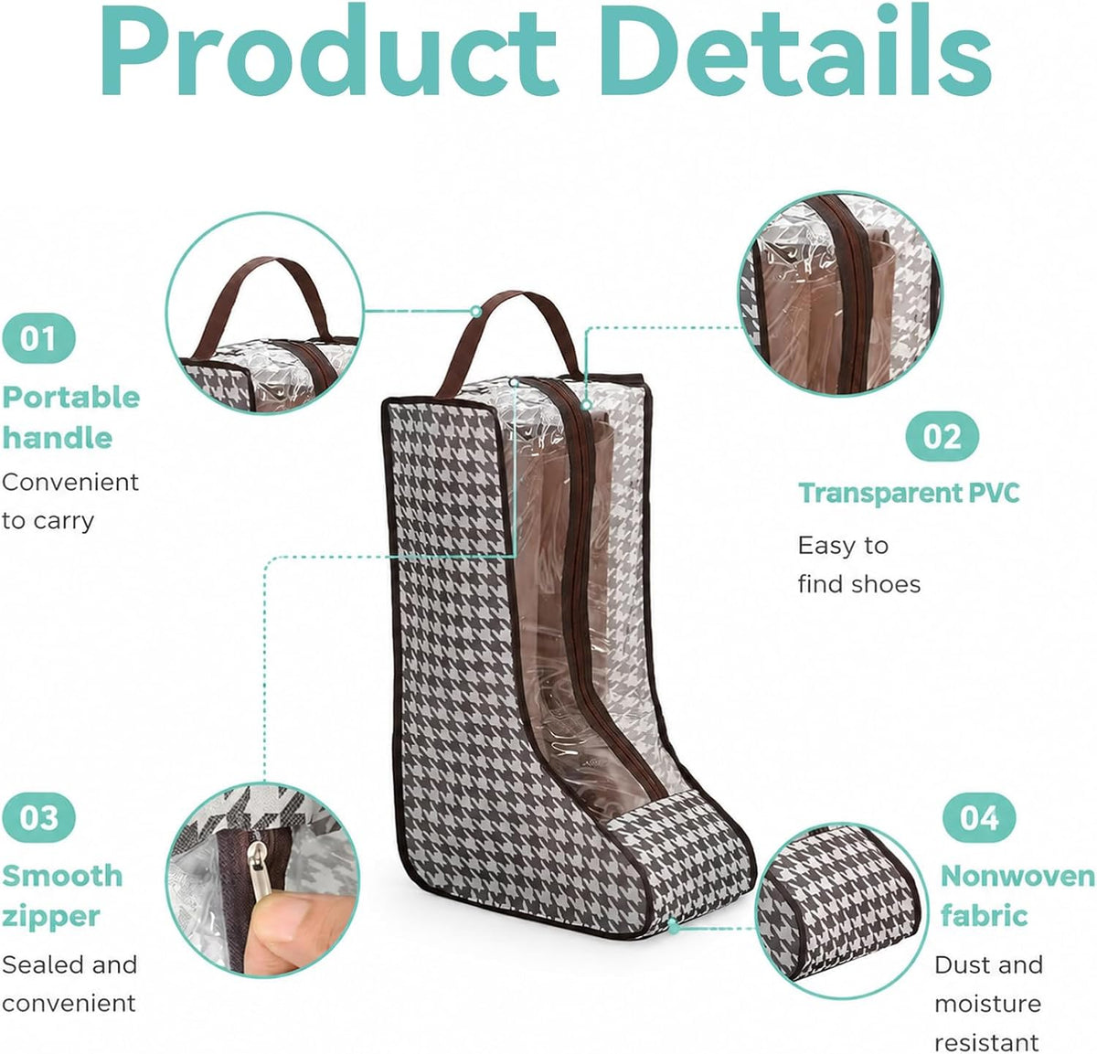 Tall Boot Storage Bag Organizer for Closet and Travel, Portable Dustproof Bags for Cowboy (3 Pcs Grey Houndstooth Short & Long Boot)
