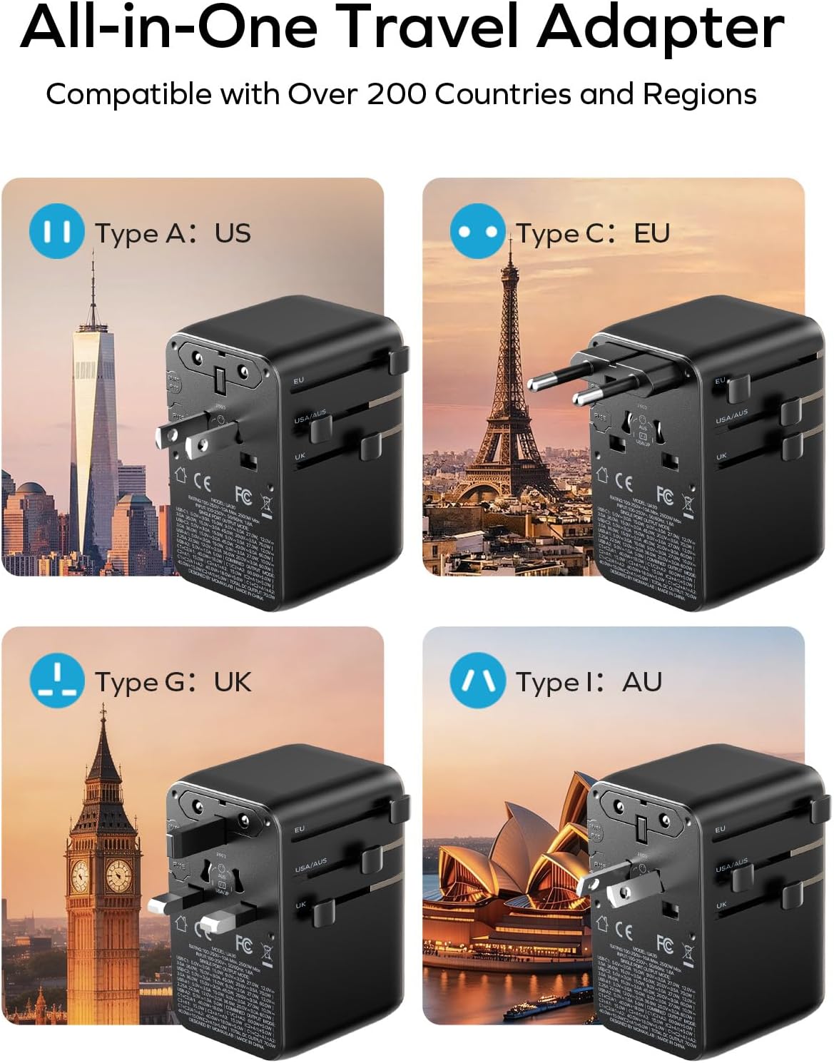 MOMAX 70W Universal Travel Adapter All-in-1 Plug Adapter with USB-C Cable