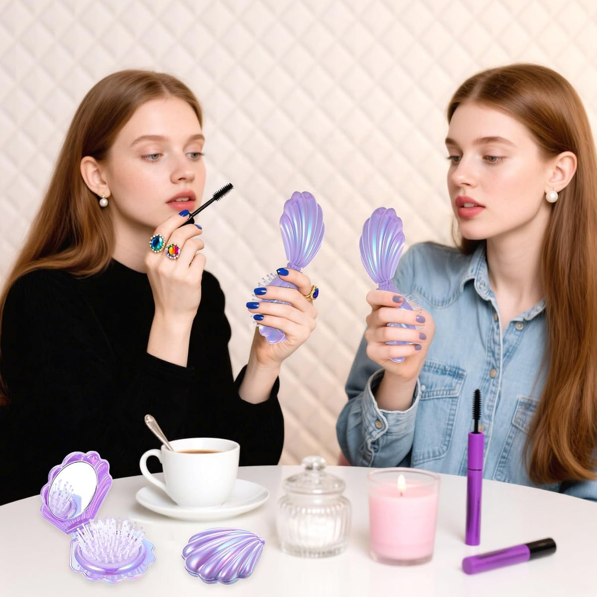 12 Pcs Foldable Shell Hair Brush with Mirror, Mermaid Party Favors Mini Travel Pocket Compact Hair Brush Makeup Comb for Women Girls Hairstyles Bridal Shower Gift Party Supplies (Purple)
