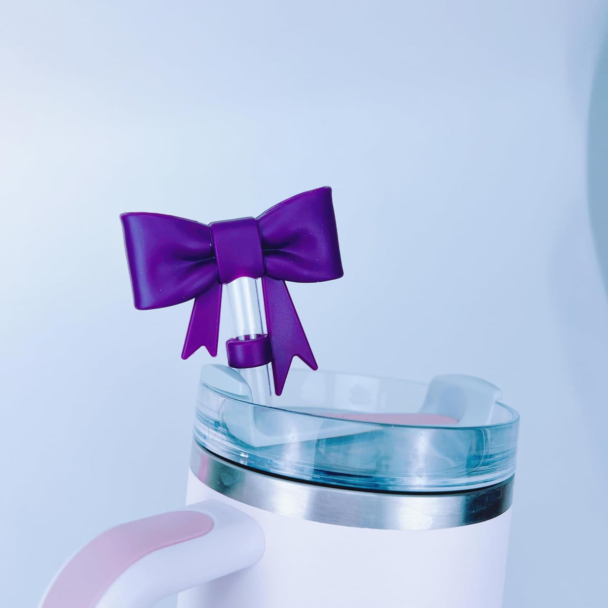 7.5cm Silicone Bottle Cover &10mm Bow Shape Straw Topper for Stanley Cup 12-40oz (2pcs Dark Purple)