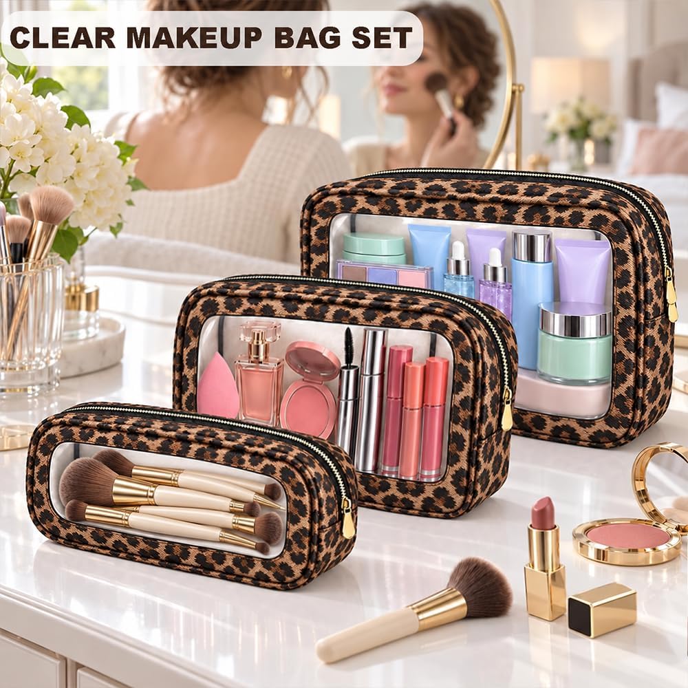 3 Piece Travel Clear Makeup Bag Set, Waterproof Cosemetic Bag with Makeup Brush Bag Make up Pouch Zipper TSA Approved Toiletry Bags for Traveling Car Accessory Bag