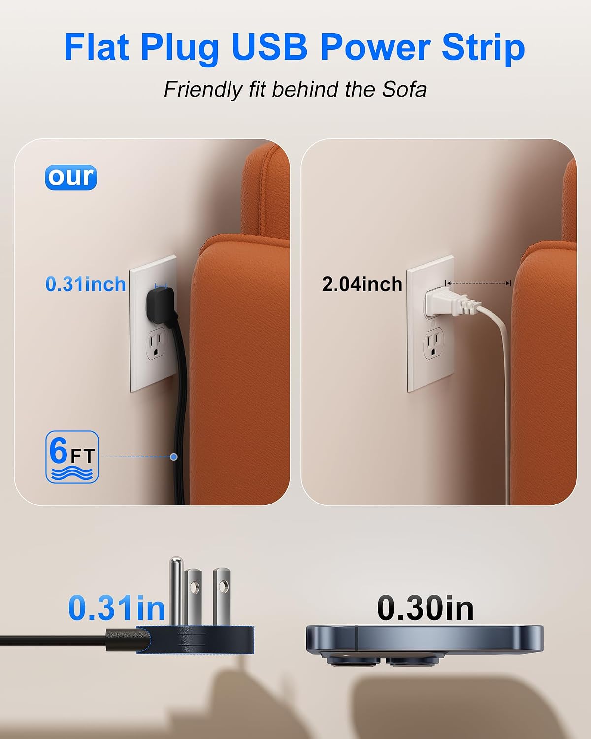 Flat Plug Power Strip with USB Ports - 4 AC & 4 USB Ports (20W), 6Ft Extension Cord with Multiple Outlets, Fast USB Charging Station for Travel Office Dorm Room (Black)