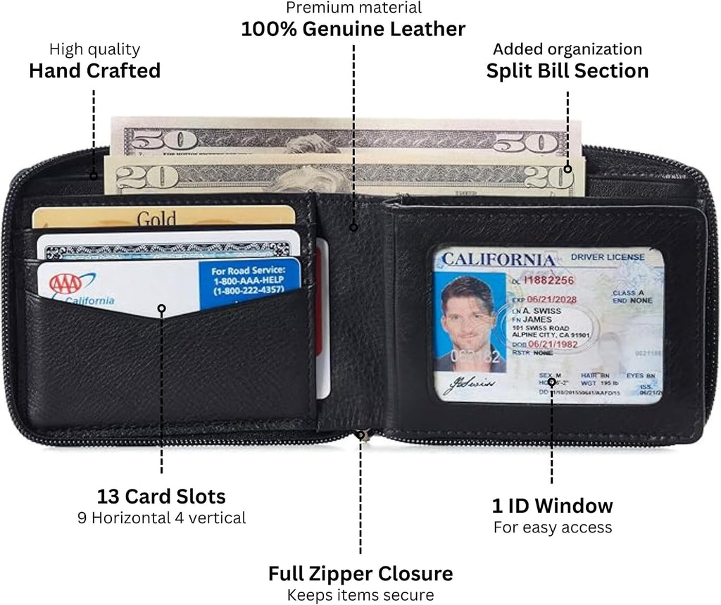 Alpine Swiss Logan Mens Bifold Wallet All-Around Zipper Closure RFID Safe