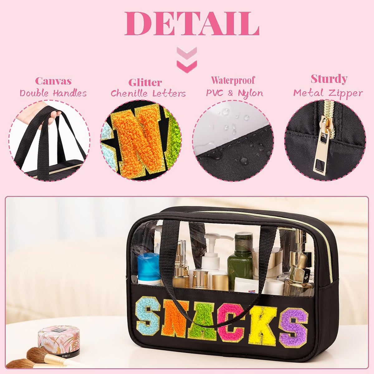 Kovewon Chenille Letter Snacks Bag Clear Snack Bag Pouch with Handle and Zipper Waterproof Nylon Portable Travel Tote Makeup Bag for Women