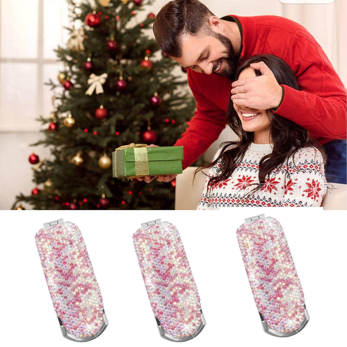 1 Pack Rhinestone Pocket Hair Brush with Mirror Bling Travel Folding Combs Sparkle Portable Collapsible Compact Comb for Women Wedding Party Silver White (No Chain-Pink)