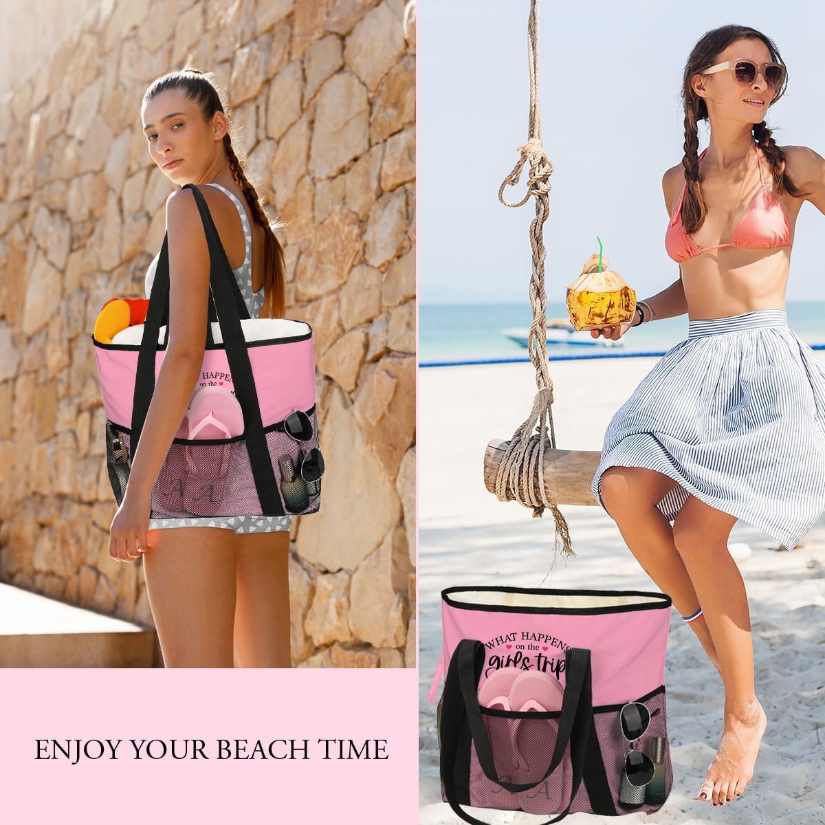 girls trip bags Foldable Waterproof Beach Tote for Women - 8 Zippered Pockets, Lightweight Travel Bag for Swim