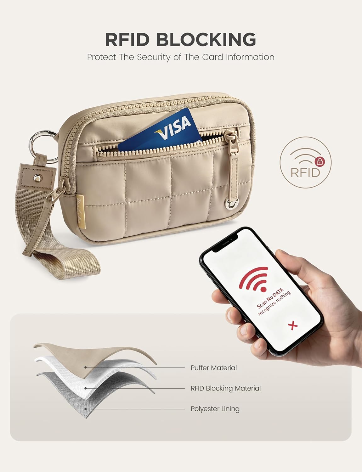 Uselike Womens Wallet Card Holder Purse with Zipper Quilted Phone Wallet RFID Blocking Small Wristlet Wallets for Everyday, Travel (Light Khaki)