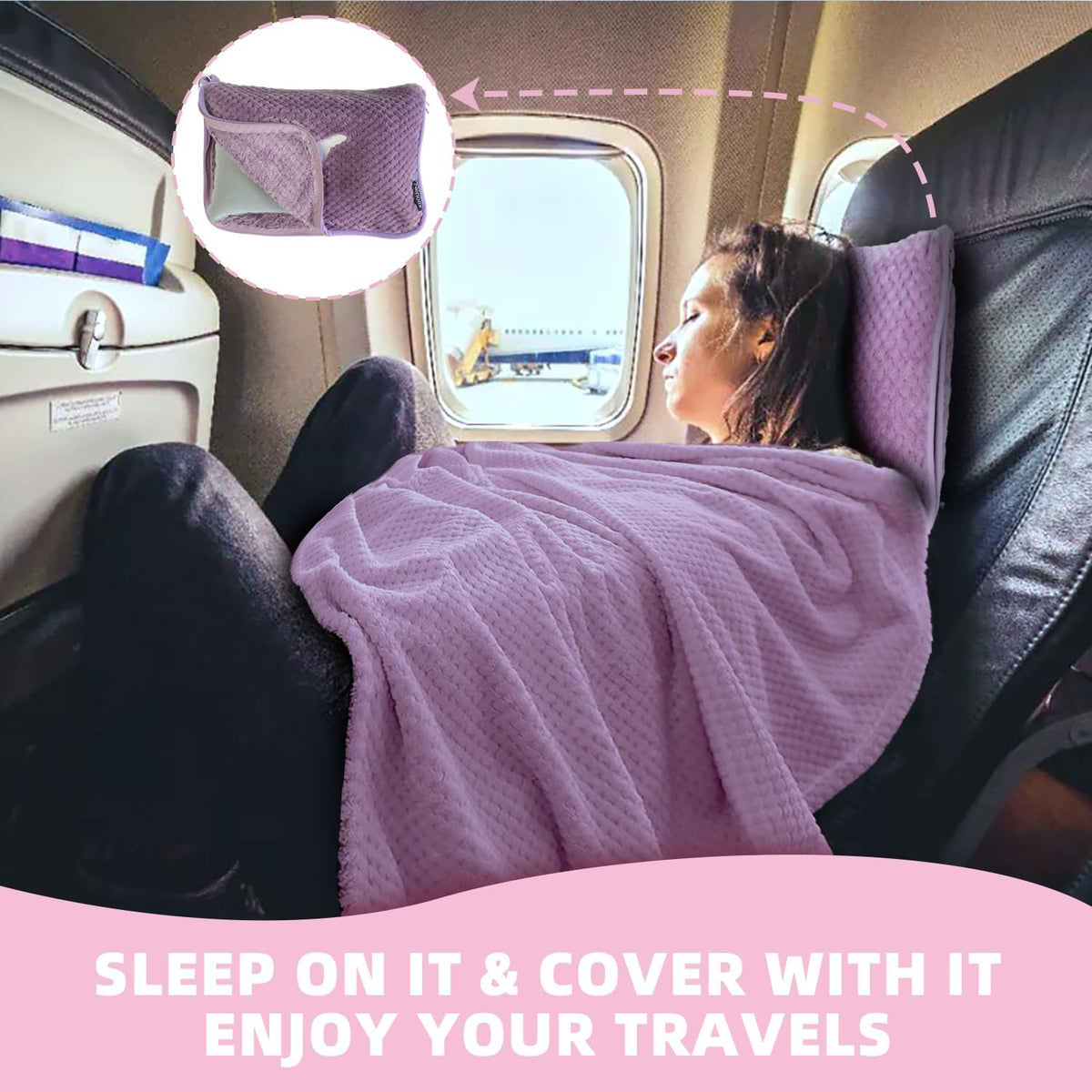 3 in 1 Travel Blanket Pillow Set - 350 GSM Thick Travel Blanket Airplane Compact with Bag, Soft Bag with a Pocket, Inflatable Travel Pillow for Camping & Car Trip (Violet)