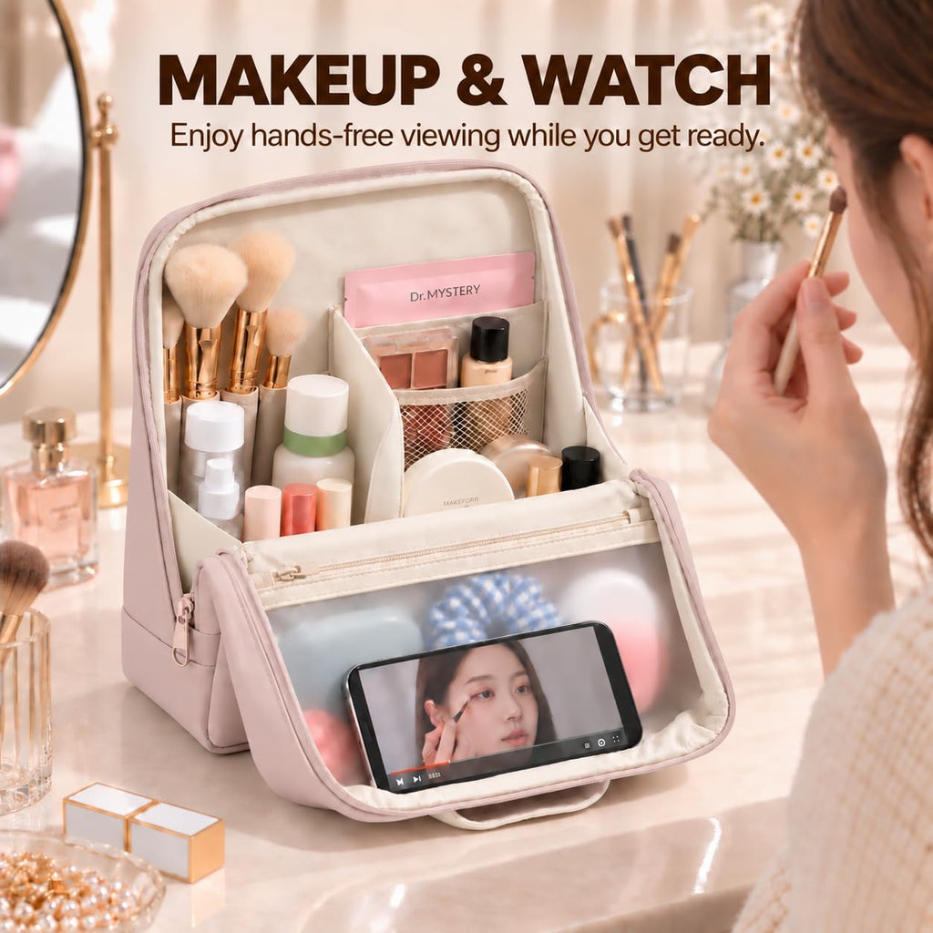 Travel Makeup Bag with Magnetic Fold-Down Flap, Large, Dusty Pink
