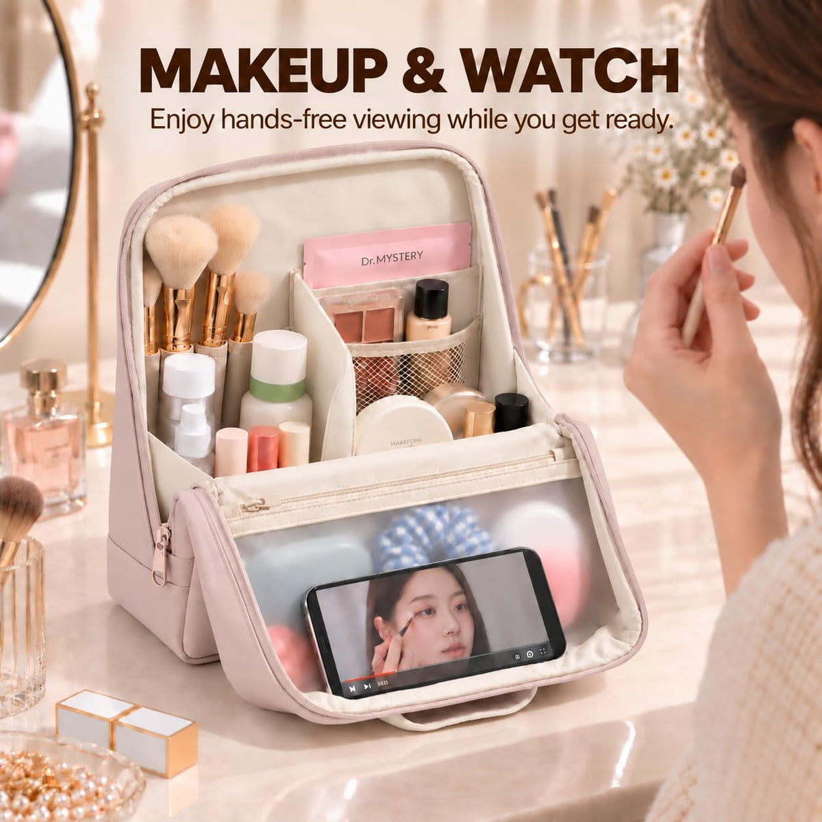 Travel Makeup Bag with Magnetic Fold-Down Flap, Large, Dusty Pink