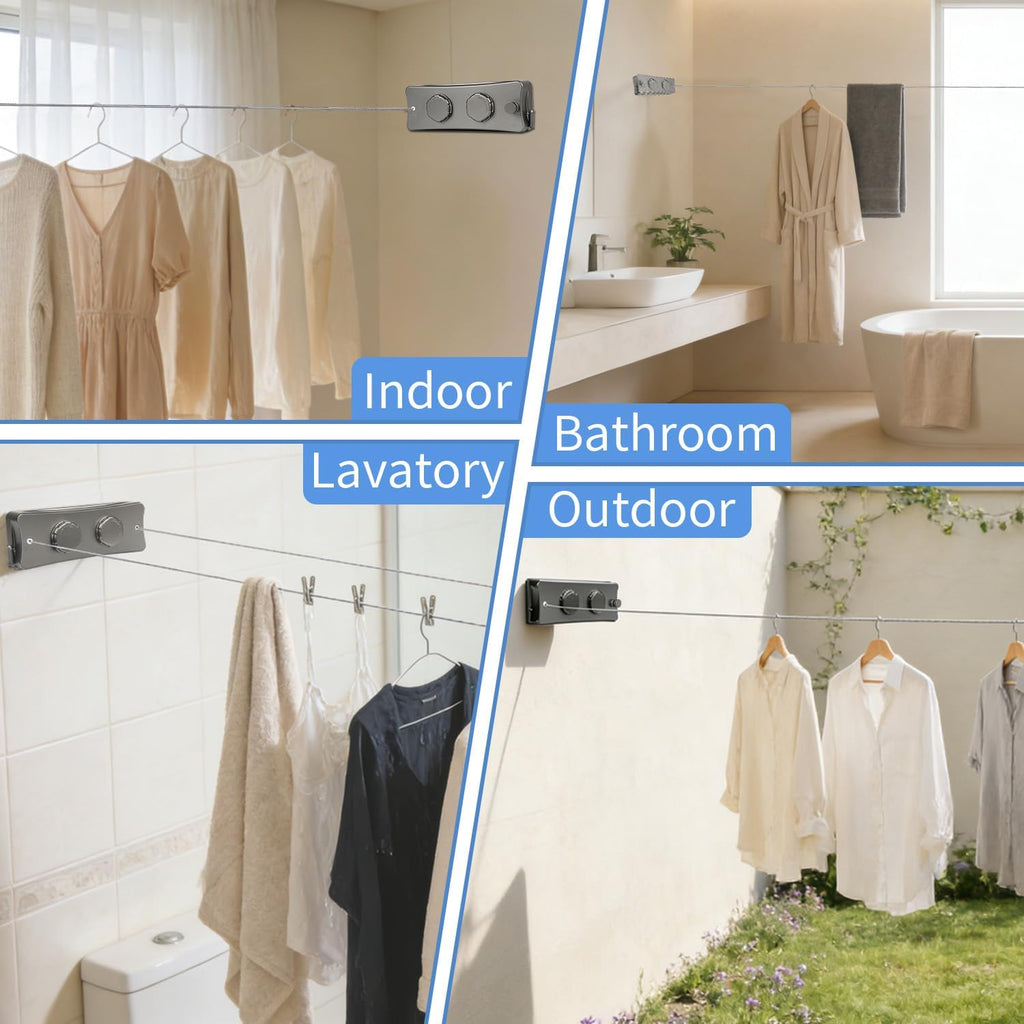 Retractable Clothesline Indoor Wall Mounted Invisible Clothes Line Heavy Duty 304 Stainless Steel String 16.7 Ft Extension Family-Friendly No-Drill Air-Drying Solution for Small Apartments Gray
