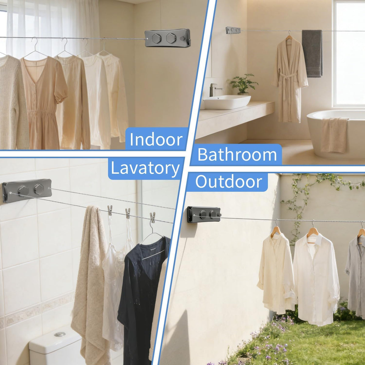Retractable Clothesline Indoor Wall Mounted Invisible Clothes Line Heavy Duty 304 Stainless Steel String 16.7 Ft Extension Family-Friendly No-Drill Air-Drying Solution for Small Apartments Gray