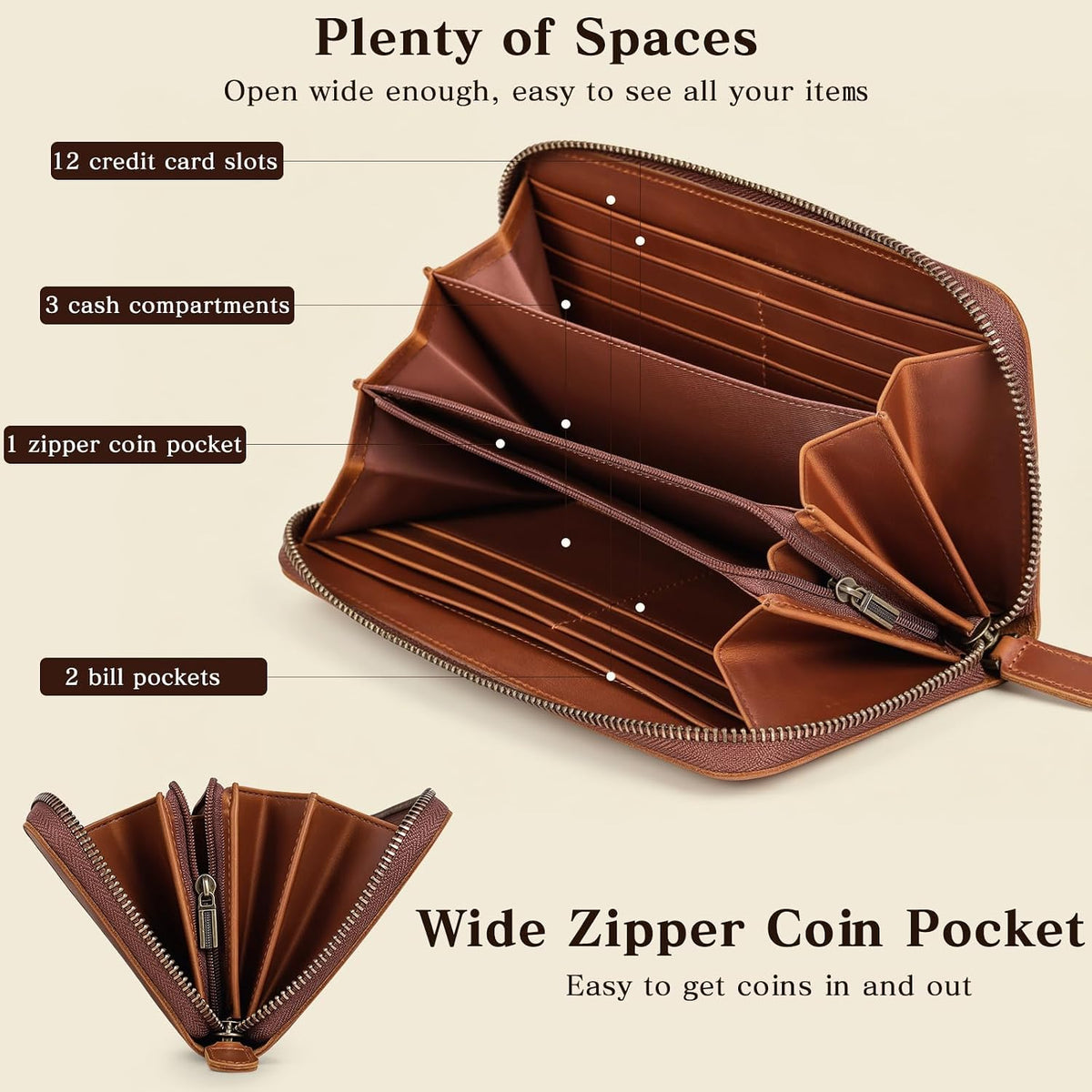 VISOUL Long Zip Around Pouch Wallet for Men Crazy Horse Leather with RFID Blocking, Large Clutch Cash Long Travel Wallet with 12 Card Slots-Chocolate