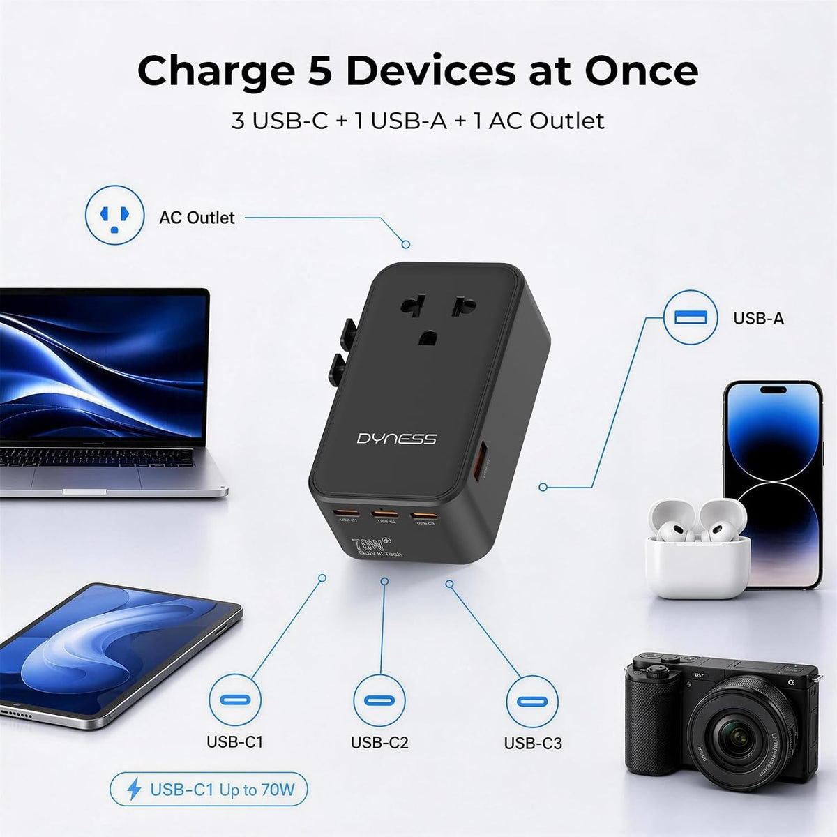 Dyness Universal Travel Adapter, 70W GaN Ultra-Slim, 4 USB Ports, AC Outlet