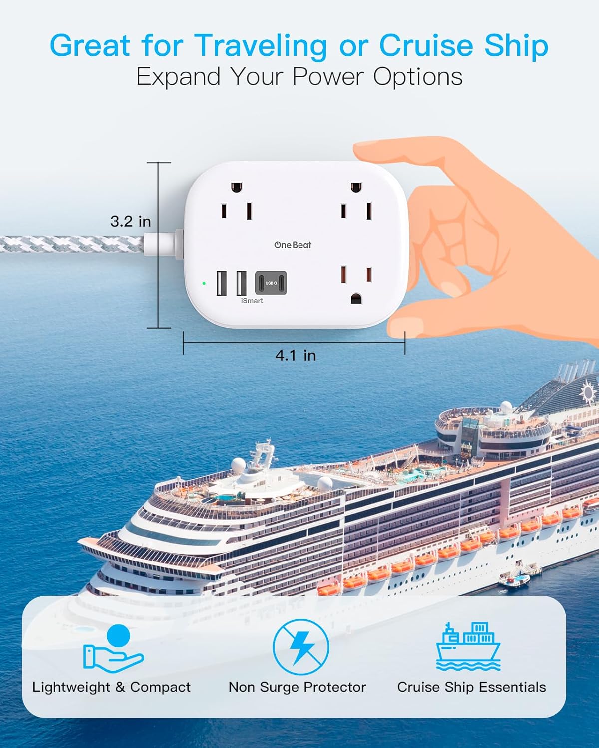 Cruise Essentials 2026,One Beat Travel Power Strip with USB C,Flat Plug 3ft