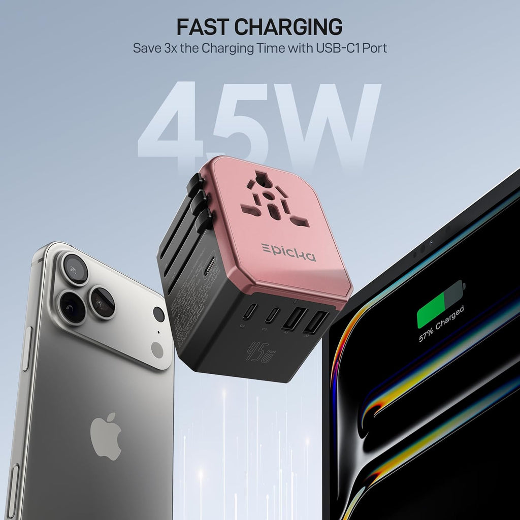 EPICKA 45W Universal Travel Adapter PD&QC, 1AC/3USB-C/2USB-A