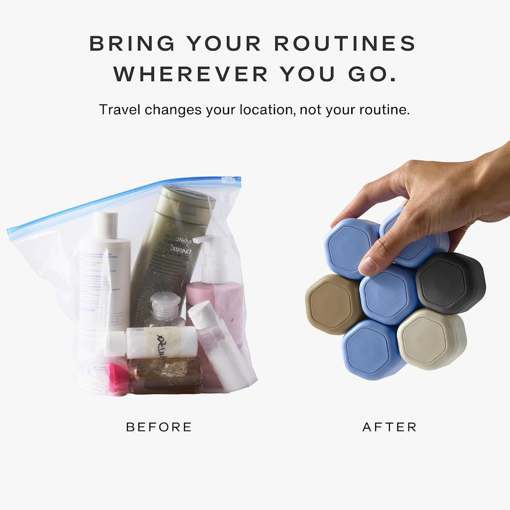 Cadence Travel Containers - 6 Piece Haircare Set - Magnetic Travel Capsules - 2 Small & 4 Medium Capsules - Shampoo, Conditioner, Leave-In Conditioner, Comb, Hair Serum, Hair Gel Labels - Sand