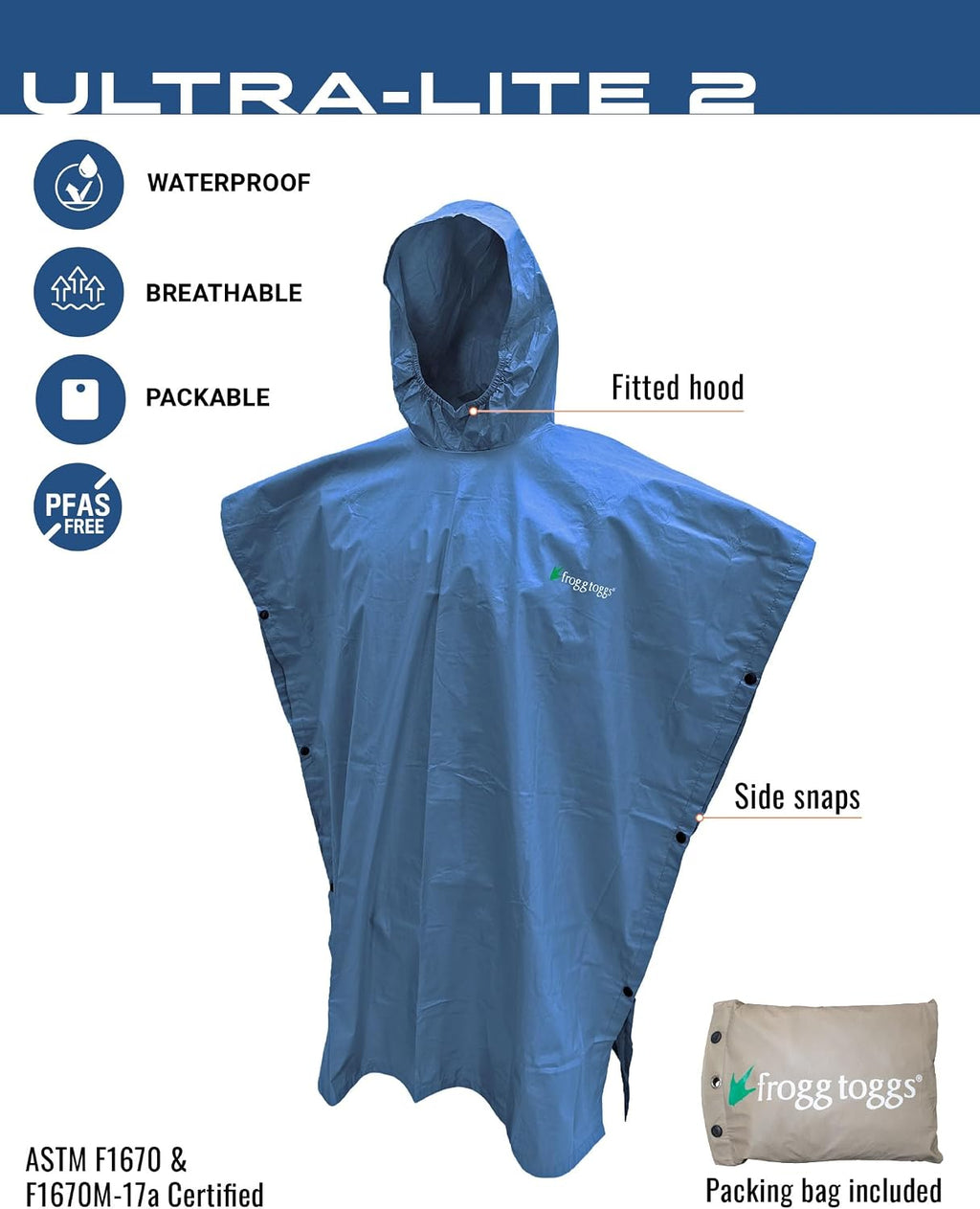 FROGG TOGGS Ultra-lite2 Waterproof Rain Poncho, Breathable and Reusable