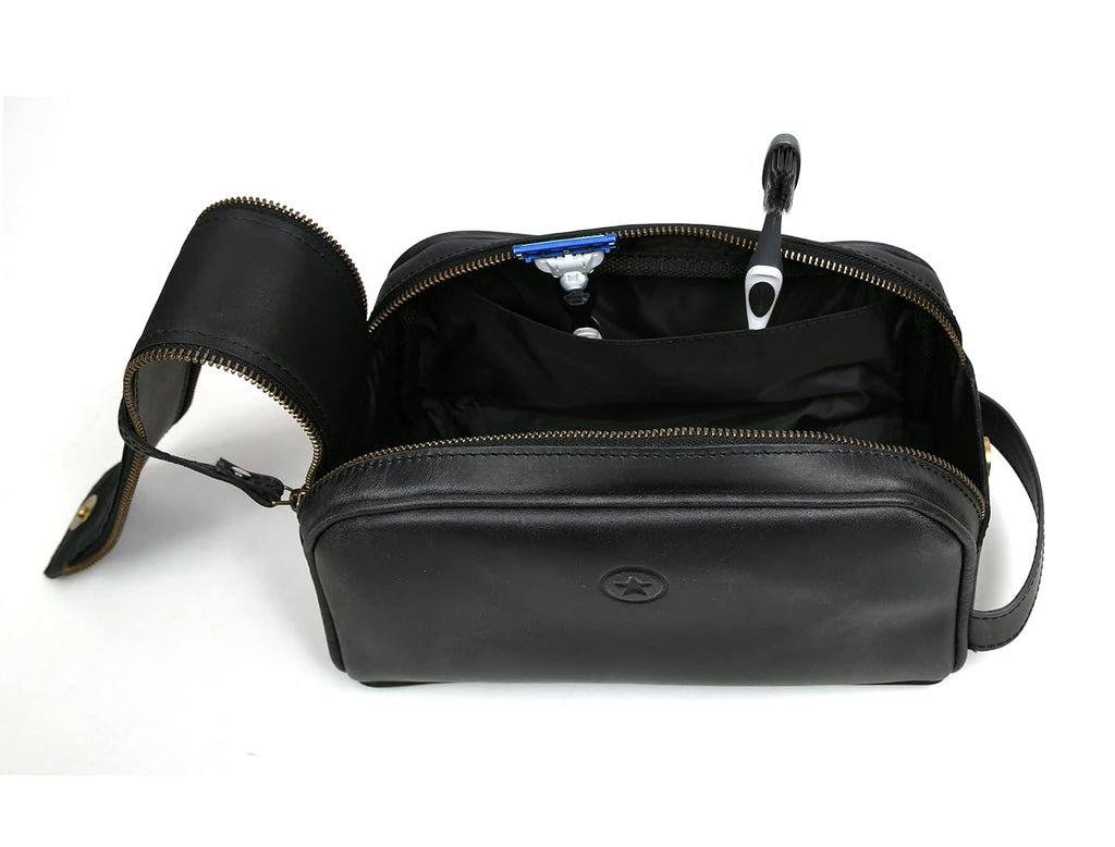 10" Premium Leather Toiletry Travel Pouch With Waterproof Lining Black Color | King-Size Handcrafted Vintage Shaving Kit By Aaron Leather Goods (Florida Black)