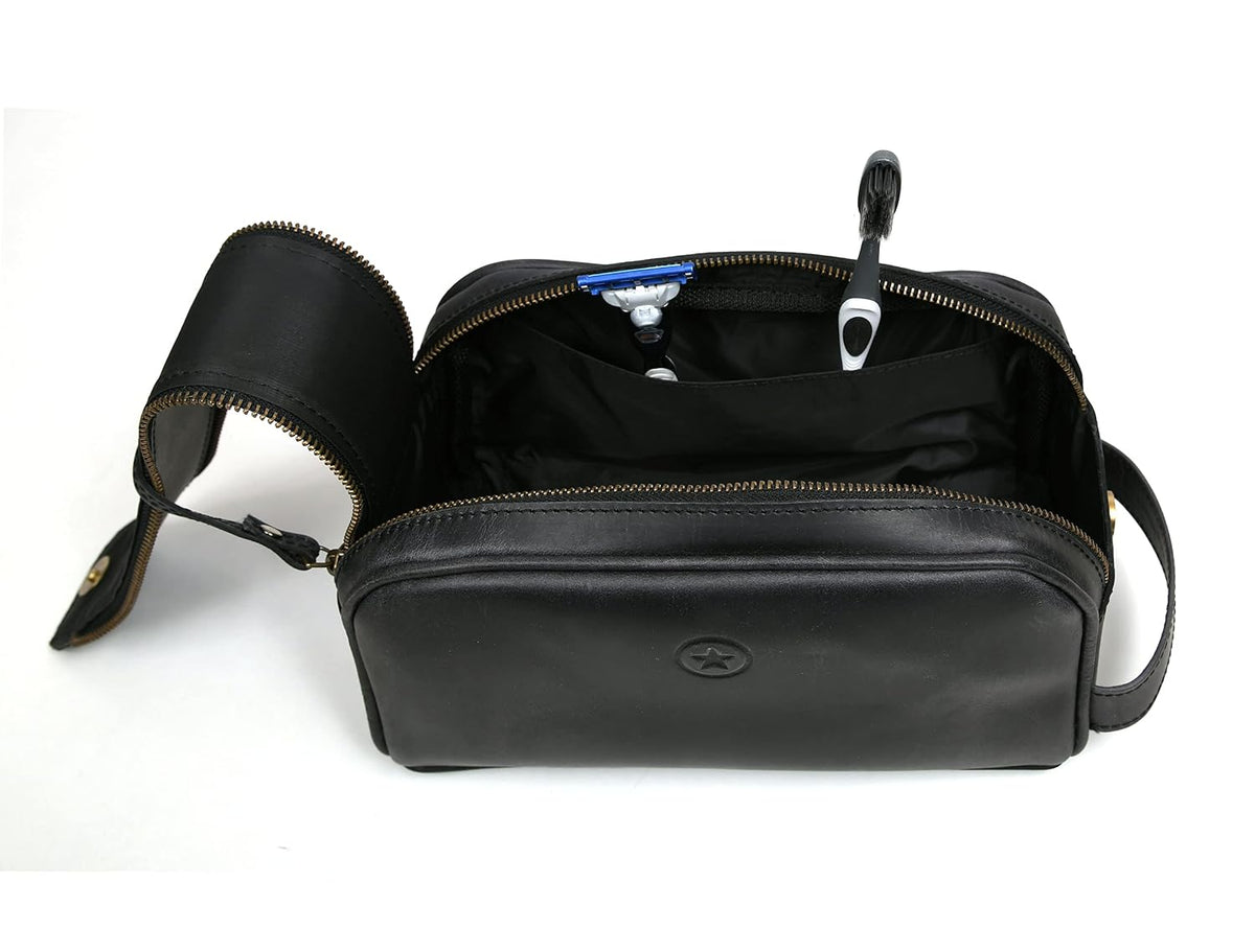 10" Premium Leather Toiletry Travel Pouch With Waterproof Lining Black Color | King-Size Handcrafted Vintage Shaving Kit By Aaron Leather Goods (Florida Black)