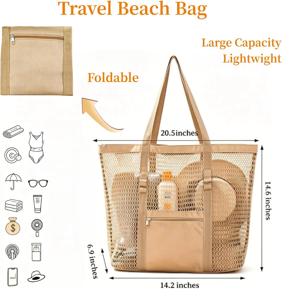 Large Mesh Beach Tote Bag for Women, Foldable Lightweight Swimming Pool Bag with Zipper Top, 2 Waterproof Zipper Pockets, 16L Multi Purpose Travel Gym Shopping Cruise Carry Bag, Brown Solid