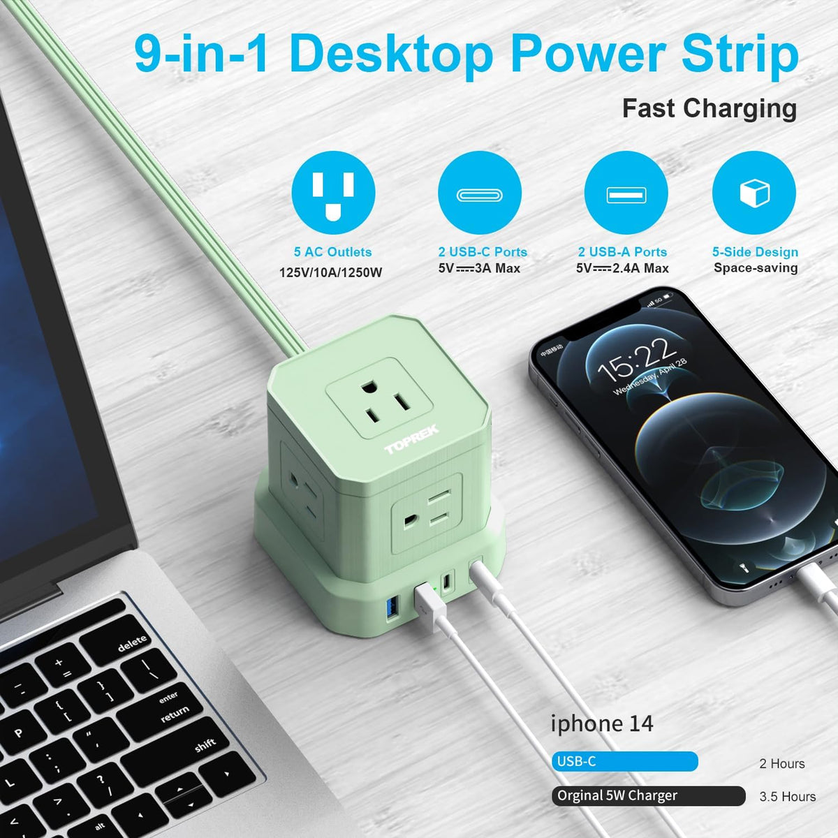 TOPREK Power Strip with USB, 5 Outlets, 2 USB-C and 2 USB-A, 5FT Flat Extension Cord with Ultra Thin Wall Plug for Tight Spaces, Compact Surge Protector Power Strip for Home Office Dorm Travel