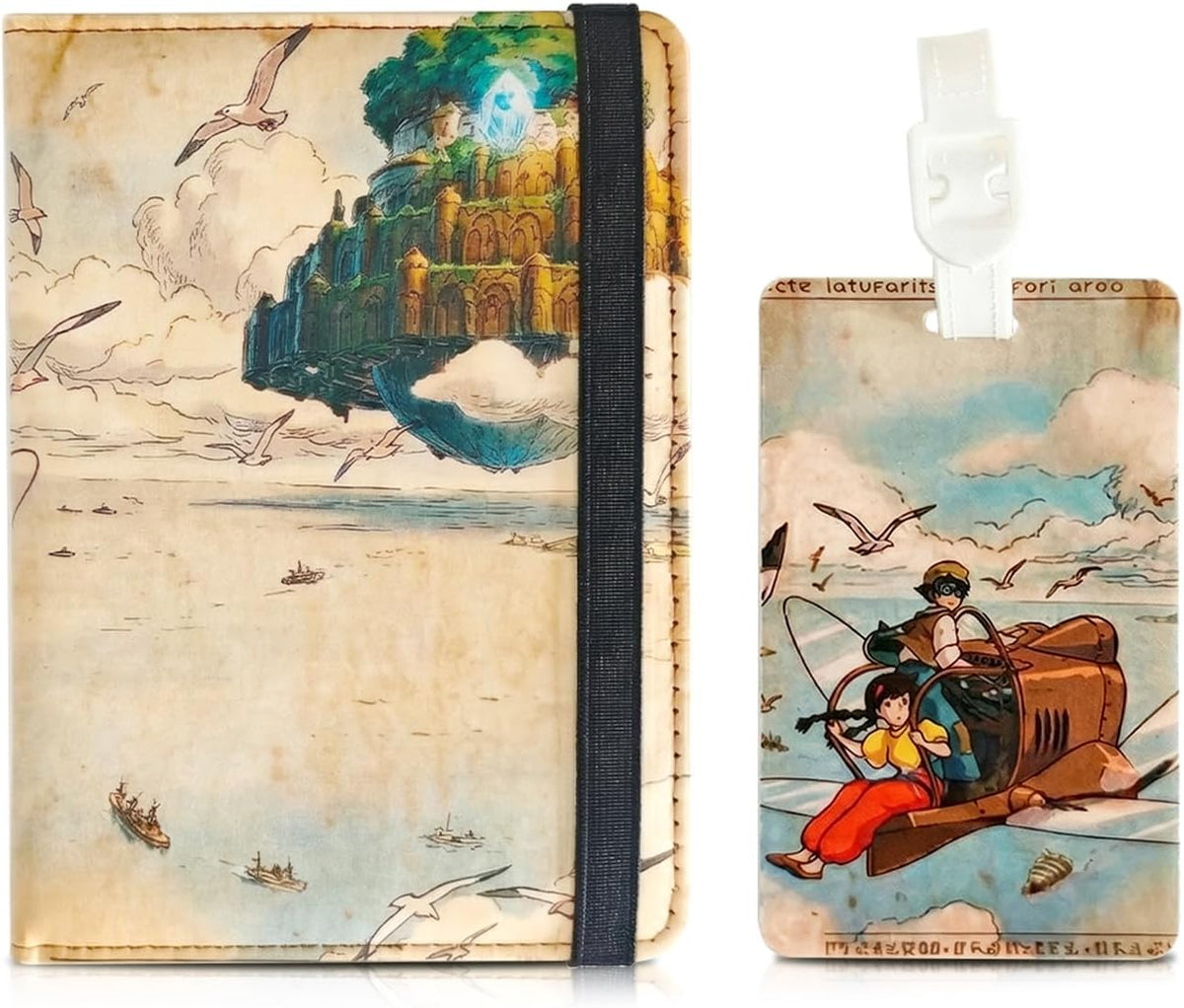 Travel Passport Holder and Luggage Tag Set Anime Aesthetic PU Leather Travel Wallet & Suitcase ID Label Cute Floating Castle Design Travel Accessories Gift for Women, Men