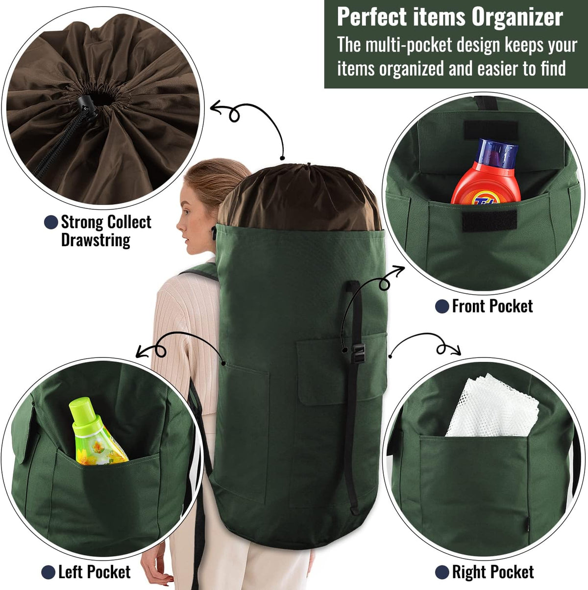 Laundry Bag Backpack 125L Extra Large, Heavy Duty 900D Coated Oxford Fabric, 3 Pockets Durable Travel Laundry Bags with Soft Padded Shoulder Straps for College Dorm, Apartment, Laundromat (Army Green)
