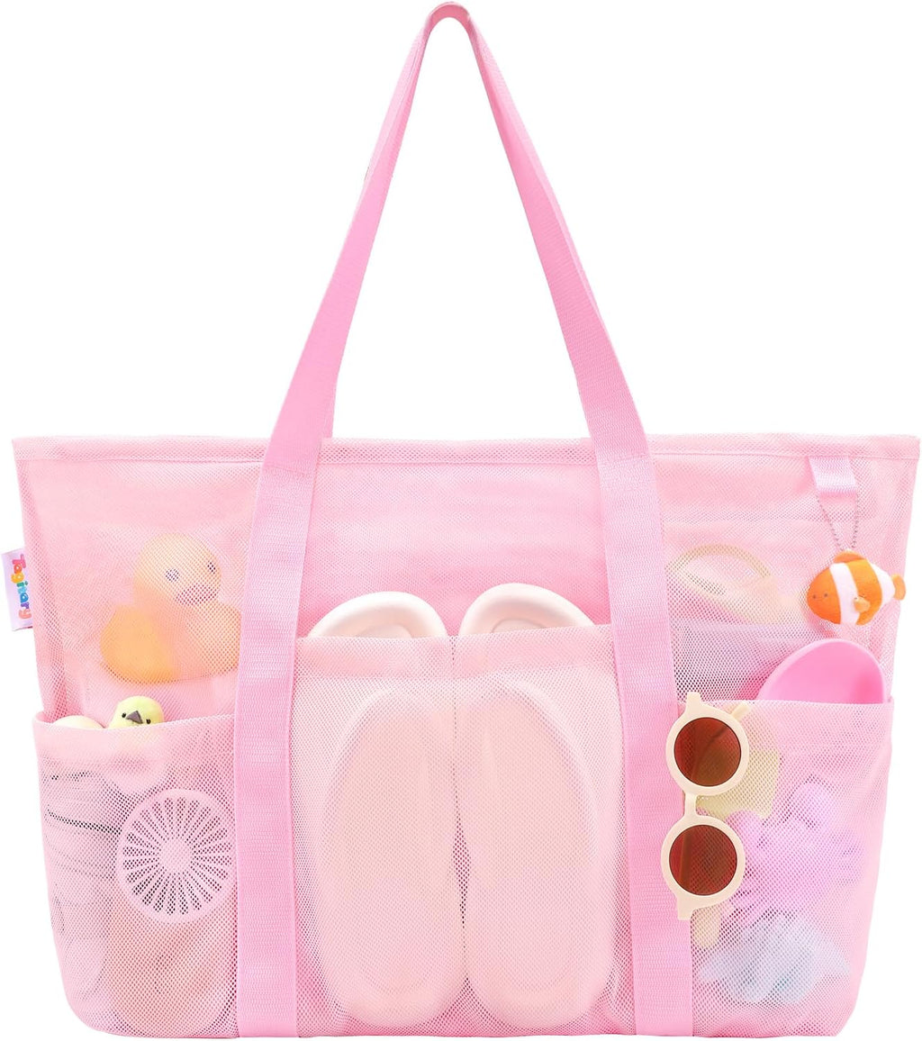 Tagitary Mesh Beach Bag with Zipper and 8 Pockets Yellow & Pink, Large Beach Tote Waterproof Sandproof for Camping Sports Pool Swim Bag Foldable Beach Accessories Storage Travel Bag